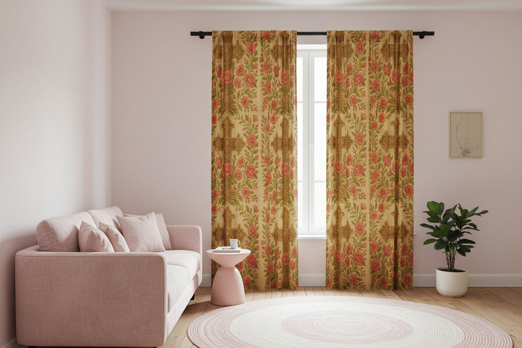 Blessed Home Floral Cross Sheer Curtain Panel | Vintage Rose Religious Window Treatment | 50"×84"