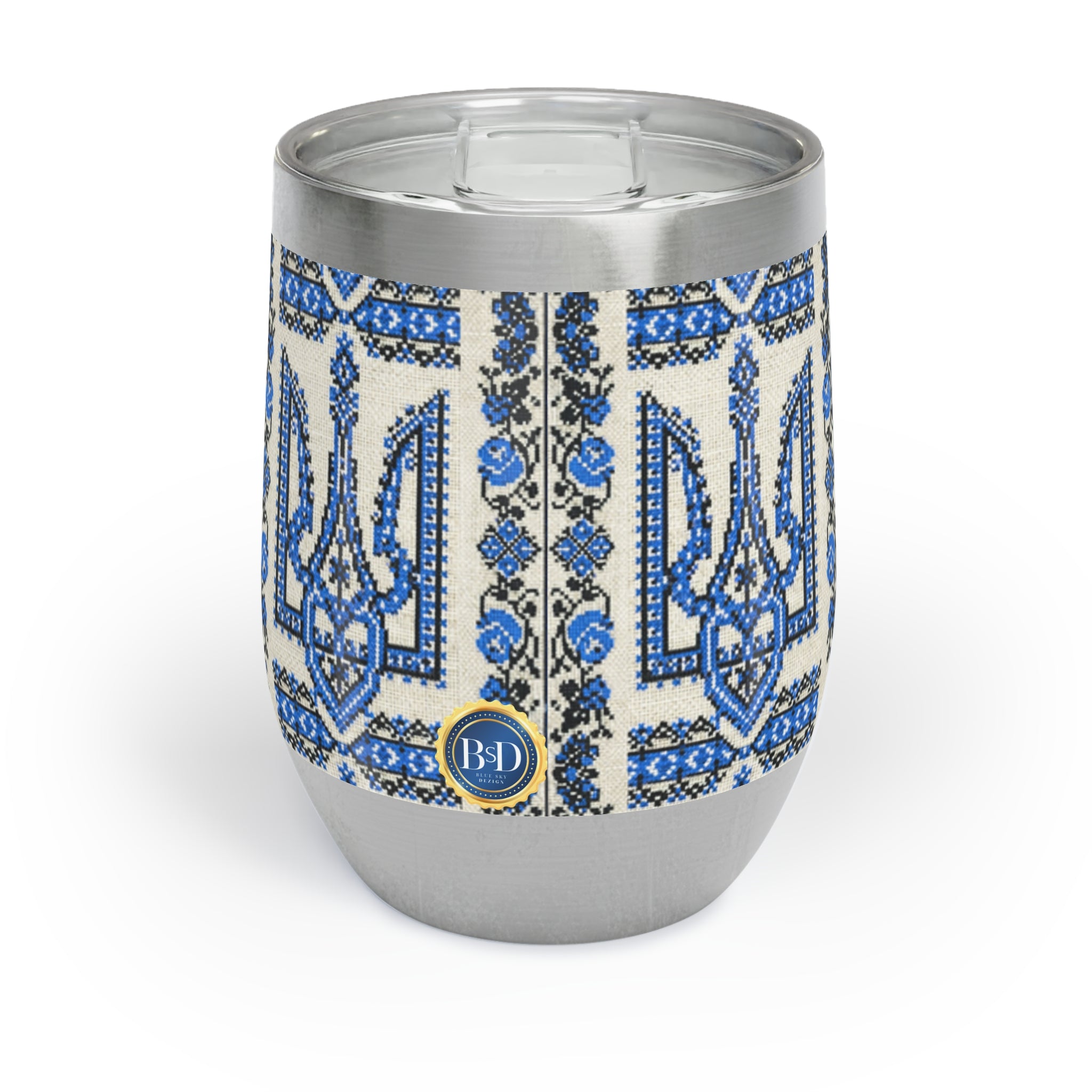 Ukrainian Trident Blue Wine Tumbler | Tryzub Folk Art | 12oz Insulated Steel Cup