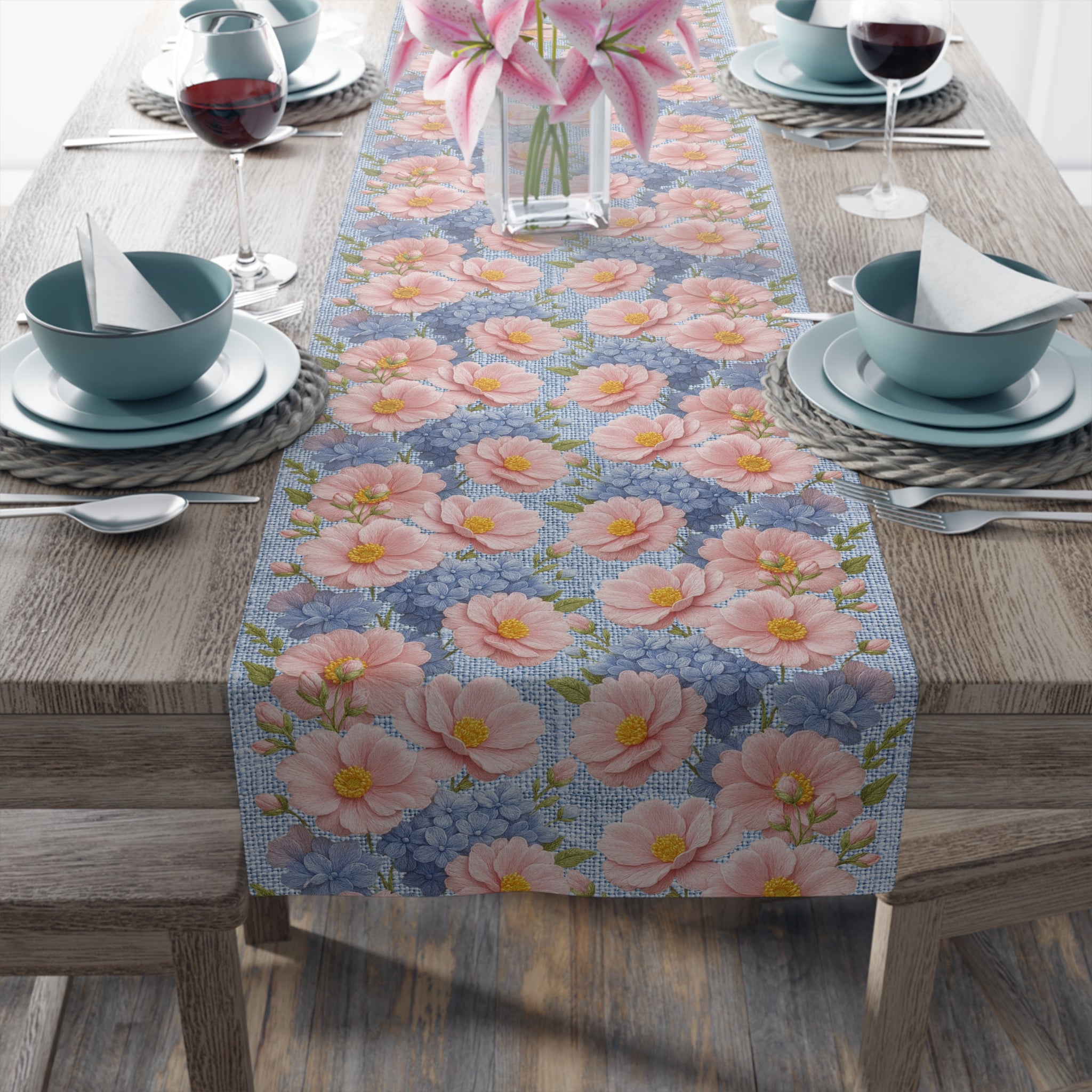 Blush Peony Floral Table Runner | Soft Provence Watercolor Cottagecore Decor