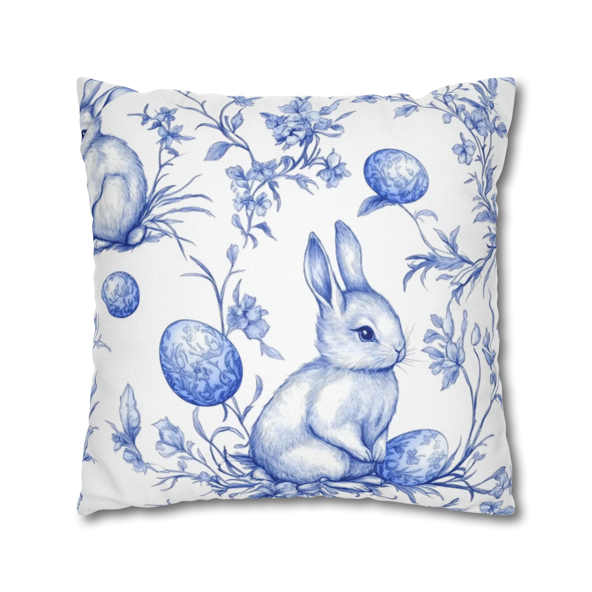 Bunny Bouquet Pillowcase, Square Pillowcase,Floral Rabbits on Blue, Patrick's day, Living Room,Home Decor,bedroom, housewarming,cottage core