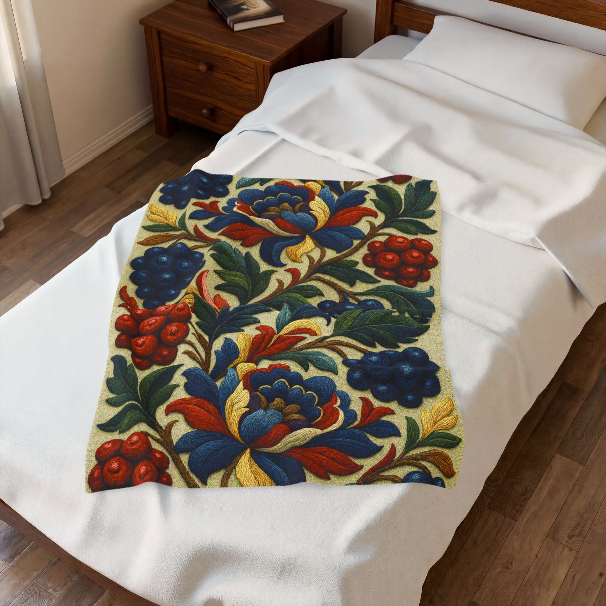 BLUESKYDEZIGN | Petrykivka Bloom Velveteen Blanket | Ukrainian Folk Art Floral Throw | Vintage Botanical Plush | Cottagecore Gift