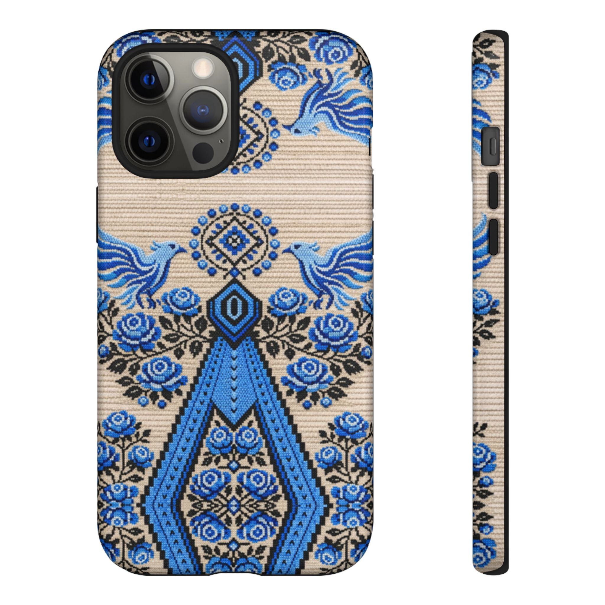 Ukrainian Phone Case  Blue Black Berehynia Design, Falcons & Roses Folk Art, Slavic Embroidery Style Protective Cover