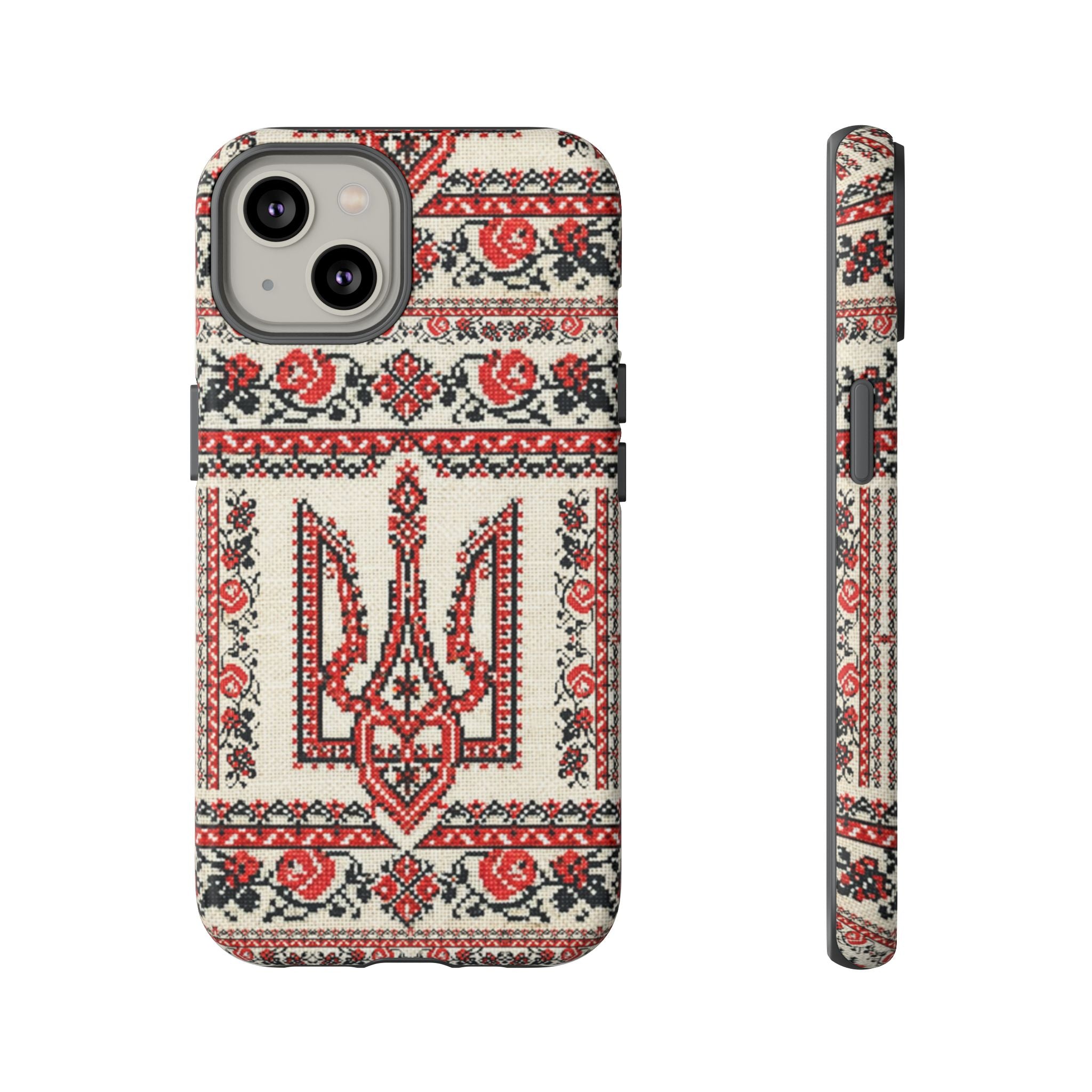 Ukrainian Trident Embroidery Phone Case • Red Black Trident Pattern • Protective Folk Art Cover for iPhone & Samsung