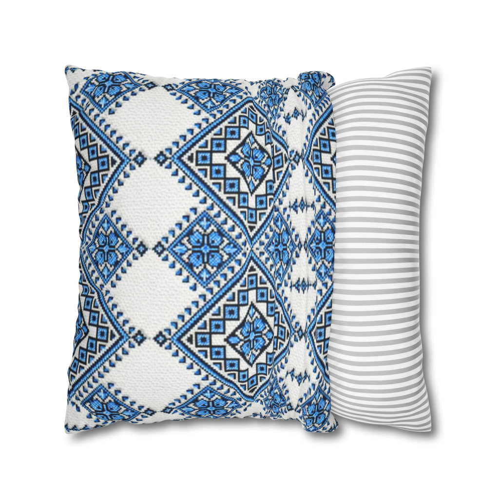 Blue Sky Folk Art Tile Pillow Cover | Ukrainian Heritage Floral Cushion