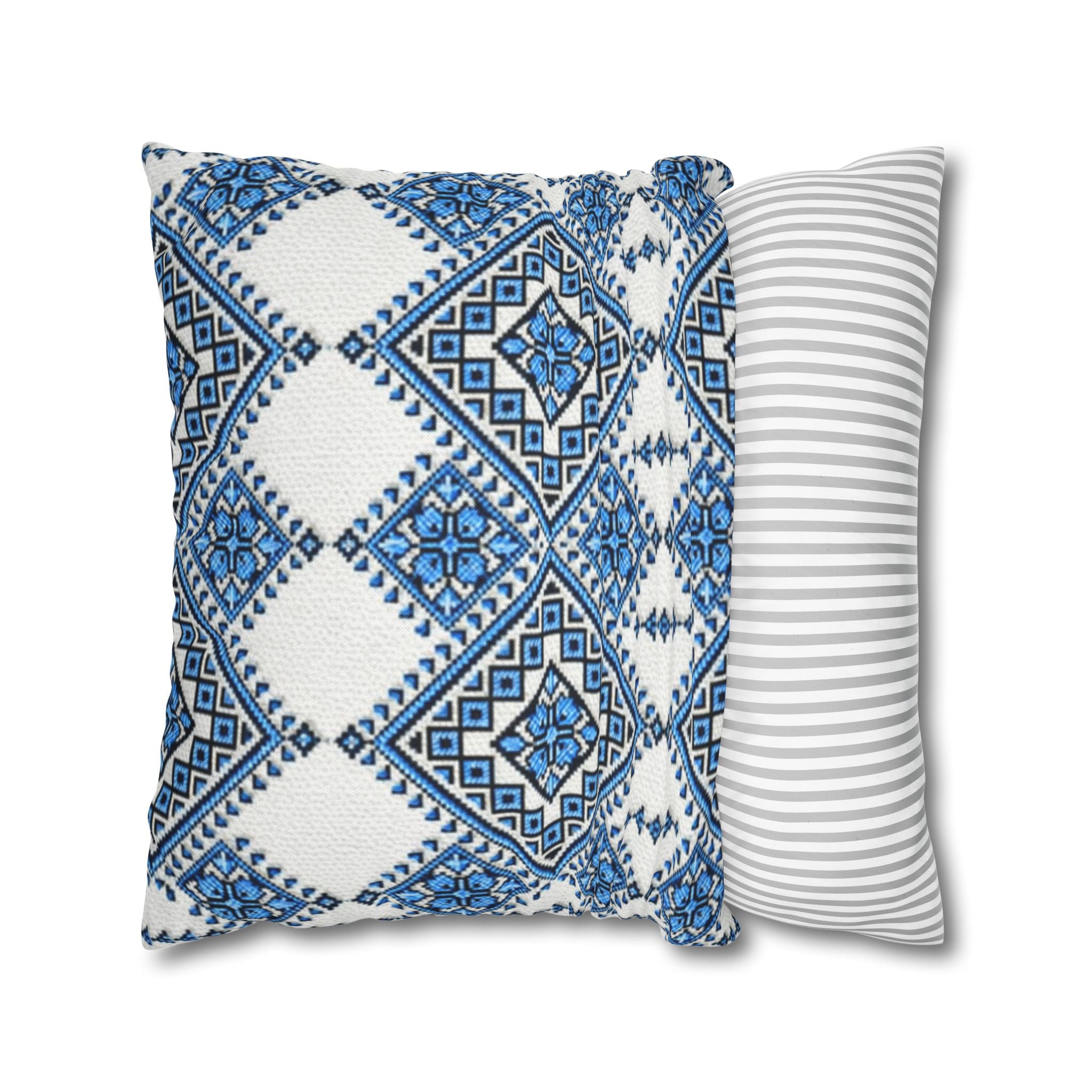 Blue Sky Folk Art Tile Pillow Cover | Ukrainian Heritage Floral Cushion
