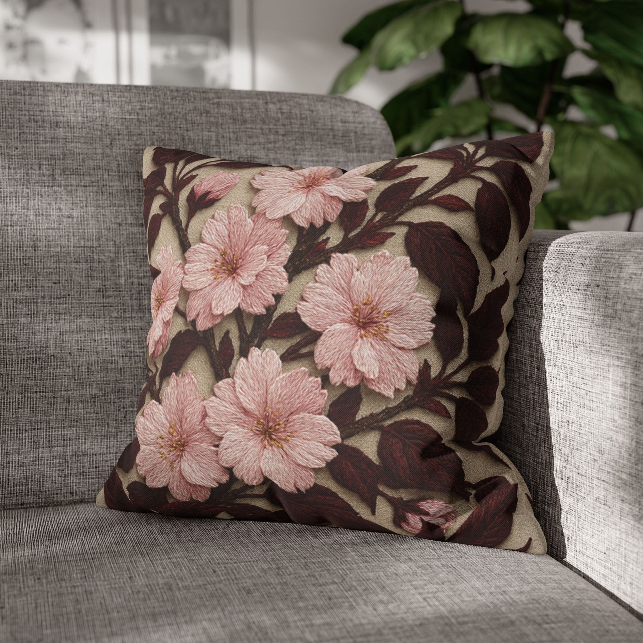 Sakura Noir Decorative Pillow Cover — Vintage Pink Floral Cushion Case | Botanical Throw Pillow