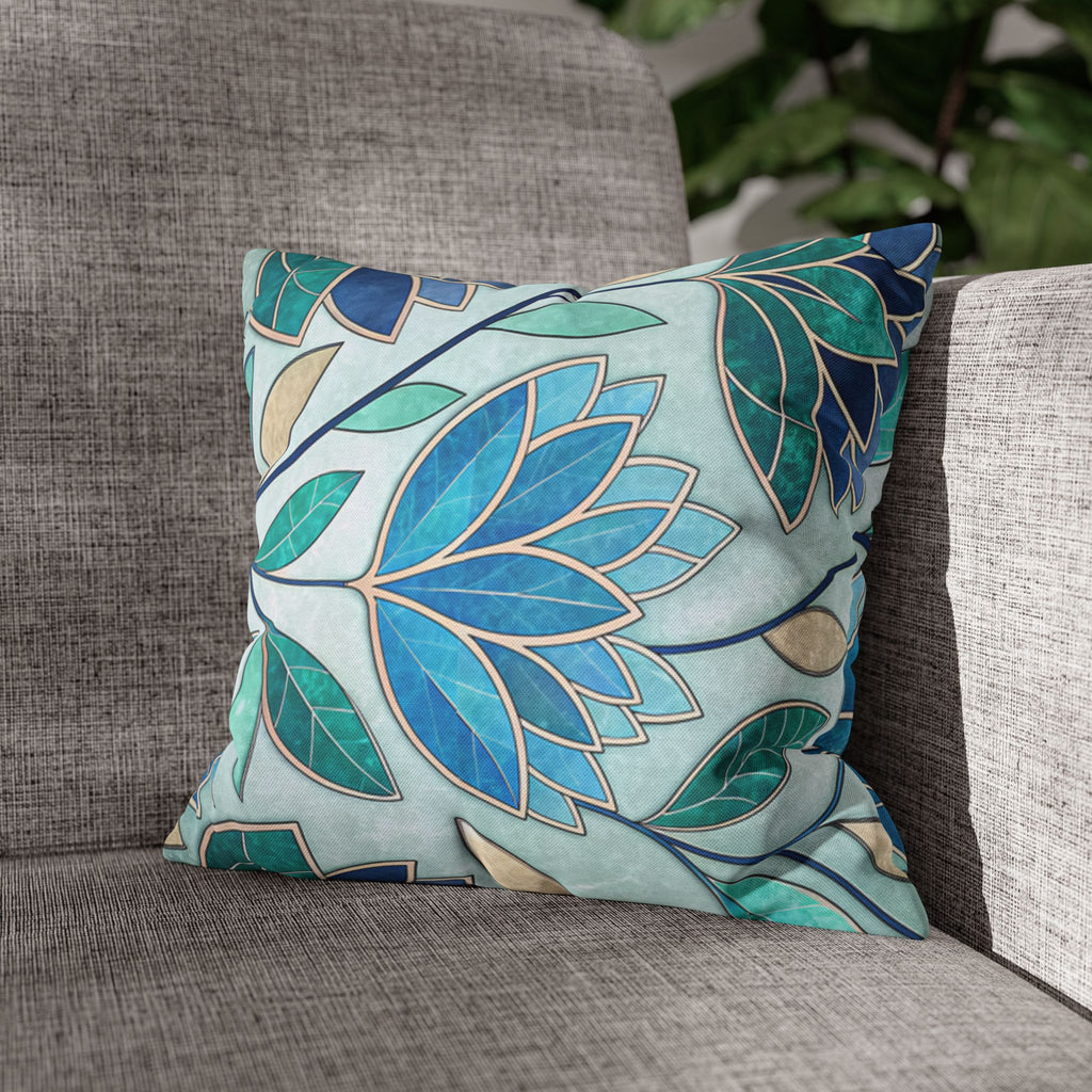 Mosaic Pillowcase 1piece, Stained Glass Style Floral Cushion Covers, Teal Blue Decorative Polyester Throw Pillowcases