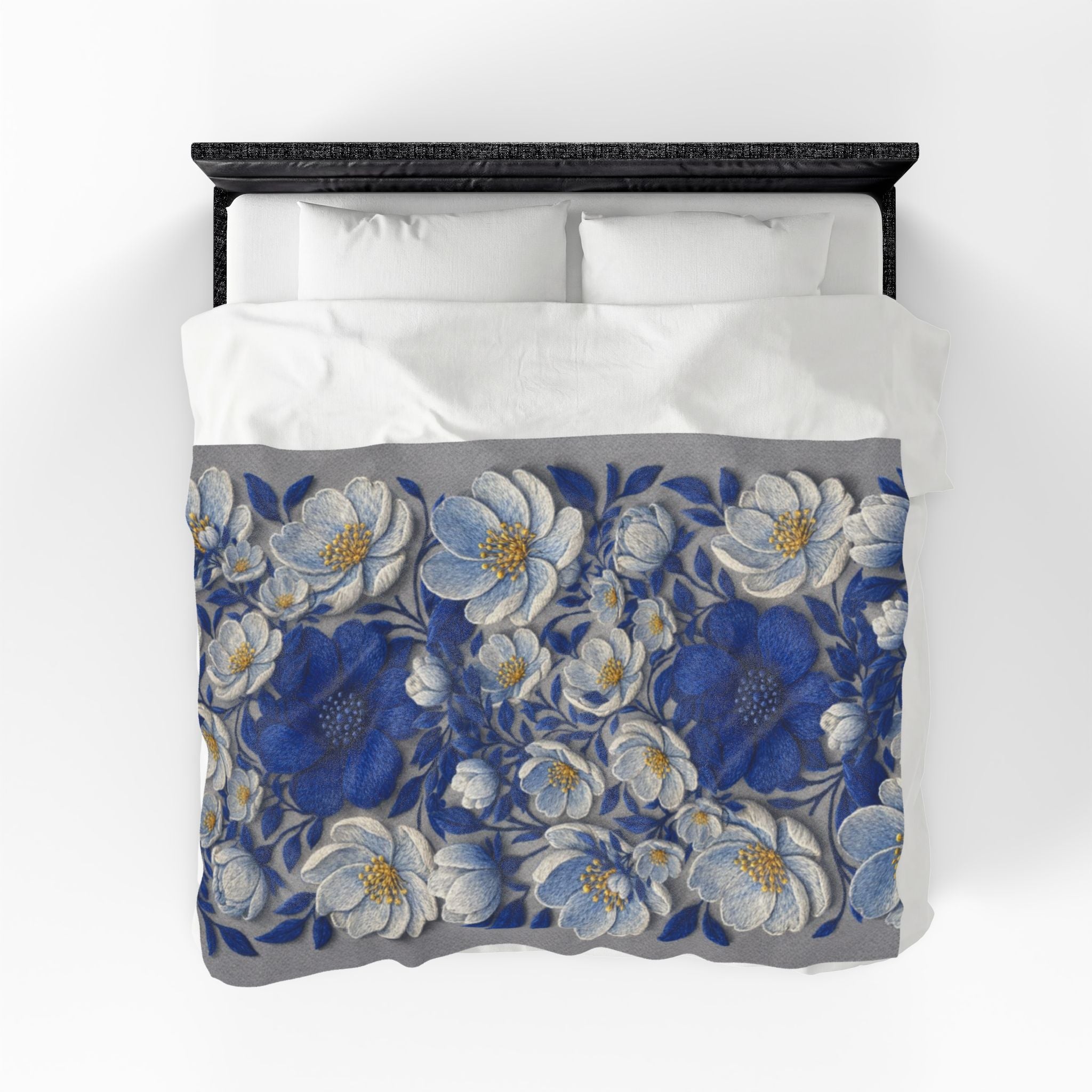 Denim Soul Indigo Floral Velveteen Blanket – Plush Throw for Bed & Sofa