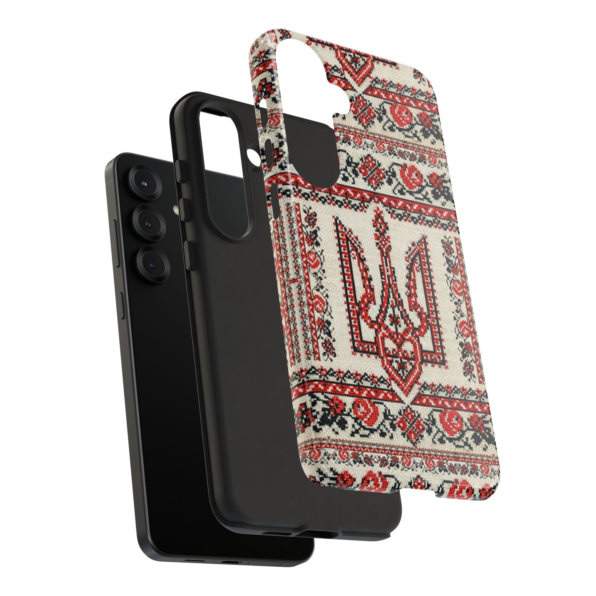Ukrainian Trident Embroidery Phone Case • Red Black Trident Pattern • Protective Folk Art Cover for iPhone & Samsung