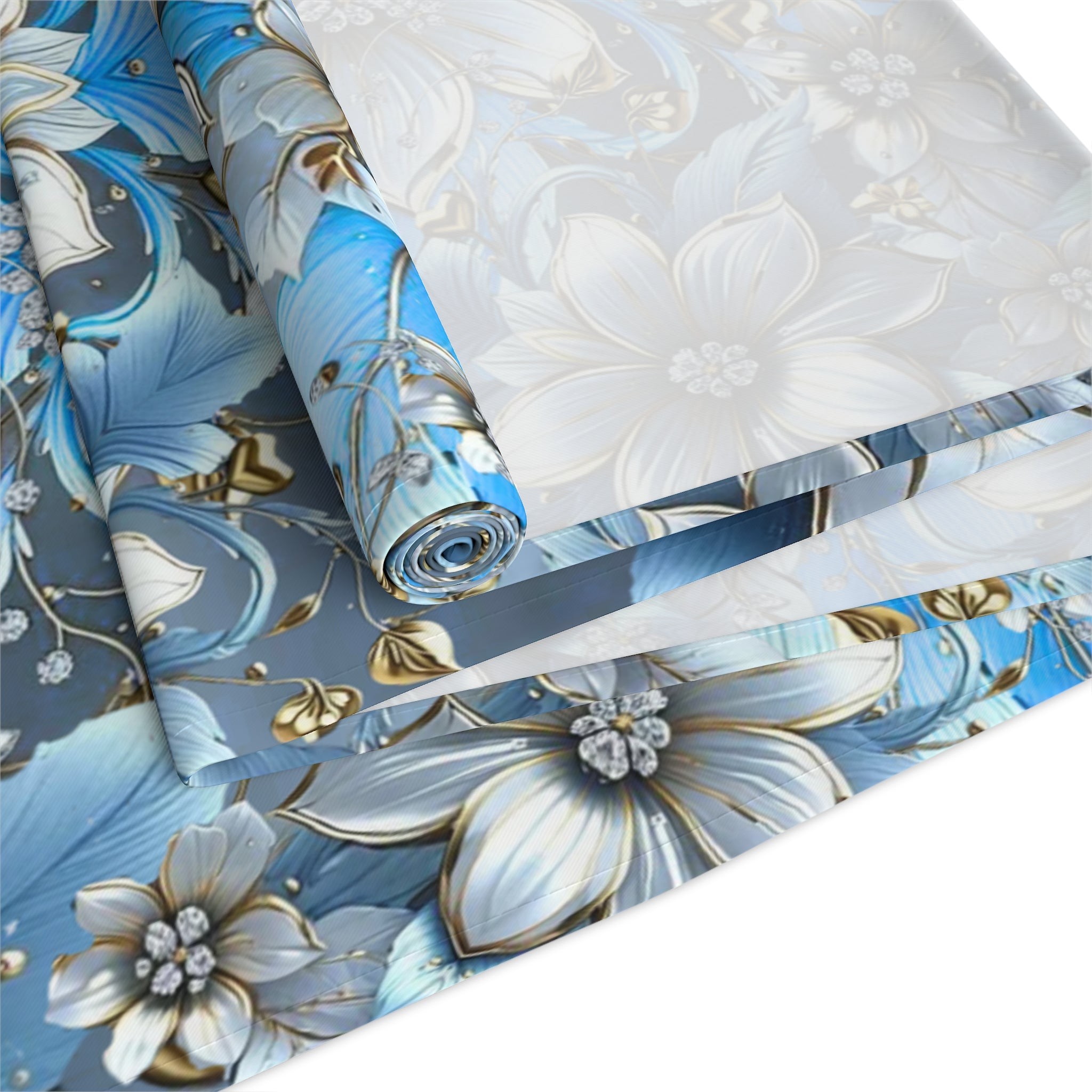 Blue Floral Table Runner – Vintage Botanical Farmhouse Decor, Cotton Twill or Polyester, 72" & 90"