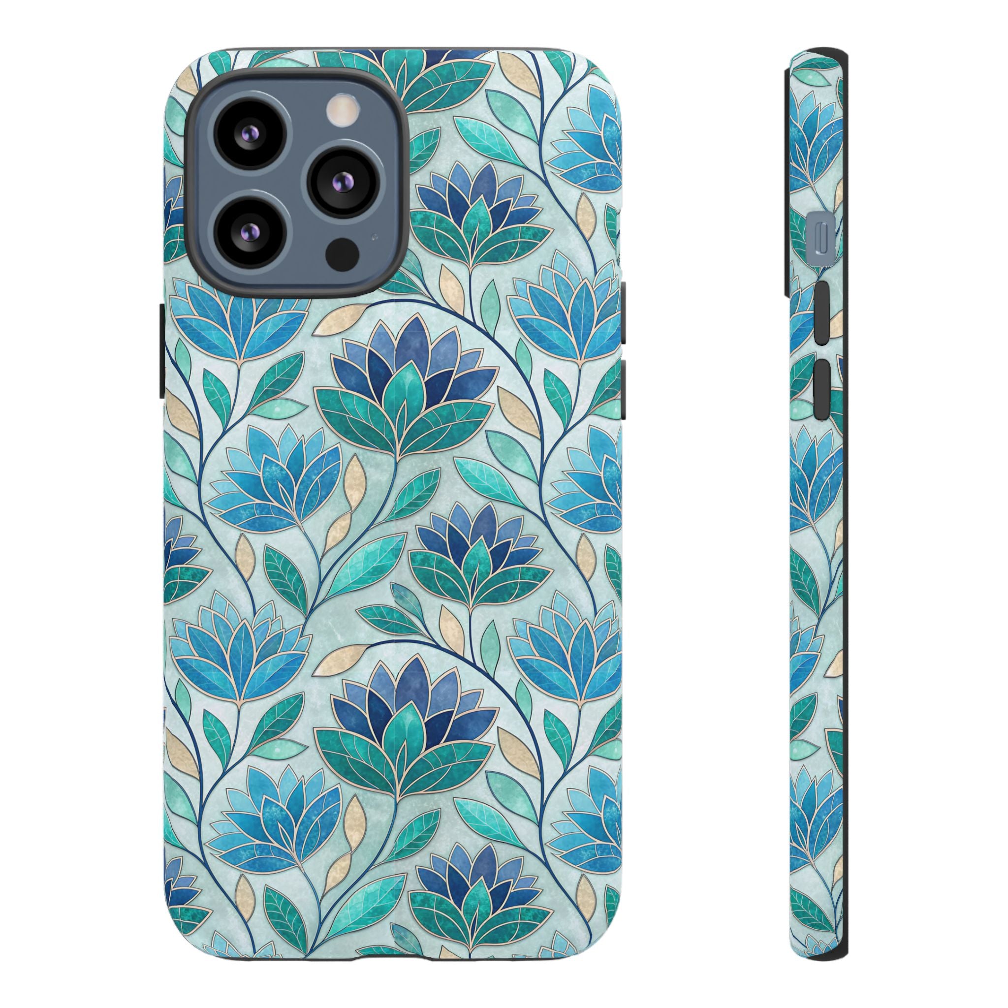 Mosaic iPhone Case, Stained Glass Floral Phone Cover, Teal Blue Protective Case, Matte Glossy Options, Artistic Mosaic Pattern
