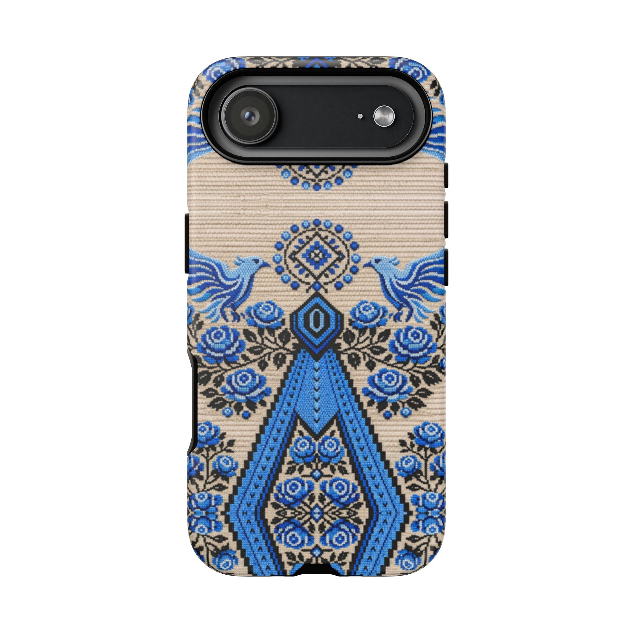 Ukrainian Phone Case  Blue Black Berehynia Design, Falcons & Roses Folk Art, Slavic Embroidery Style Protective Cover
