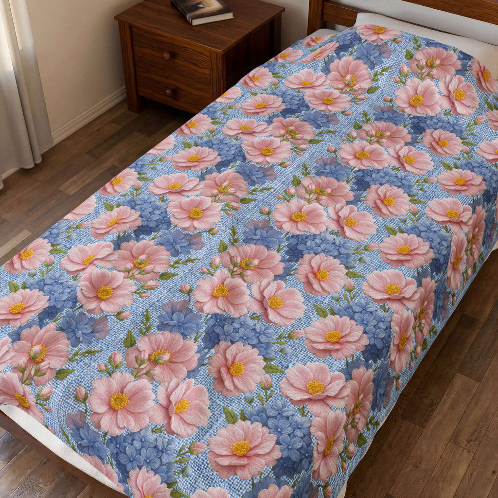 Pink Peony & Blue Hydrangea Plush Blanket | Soft Provence Velveteen Throw