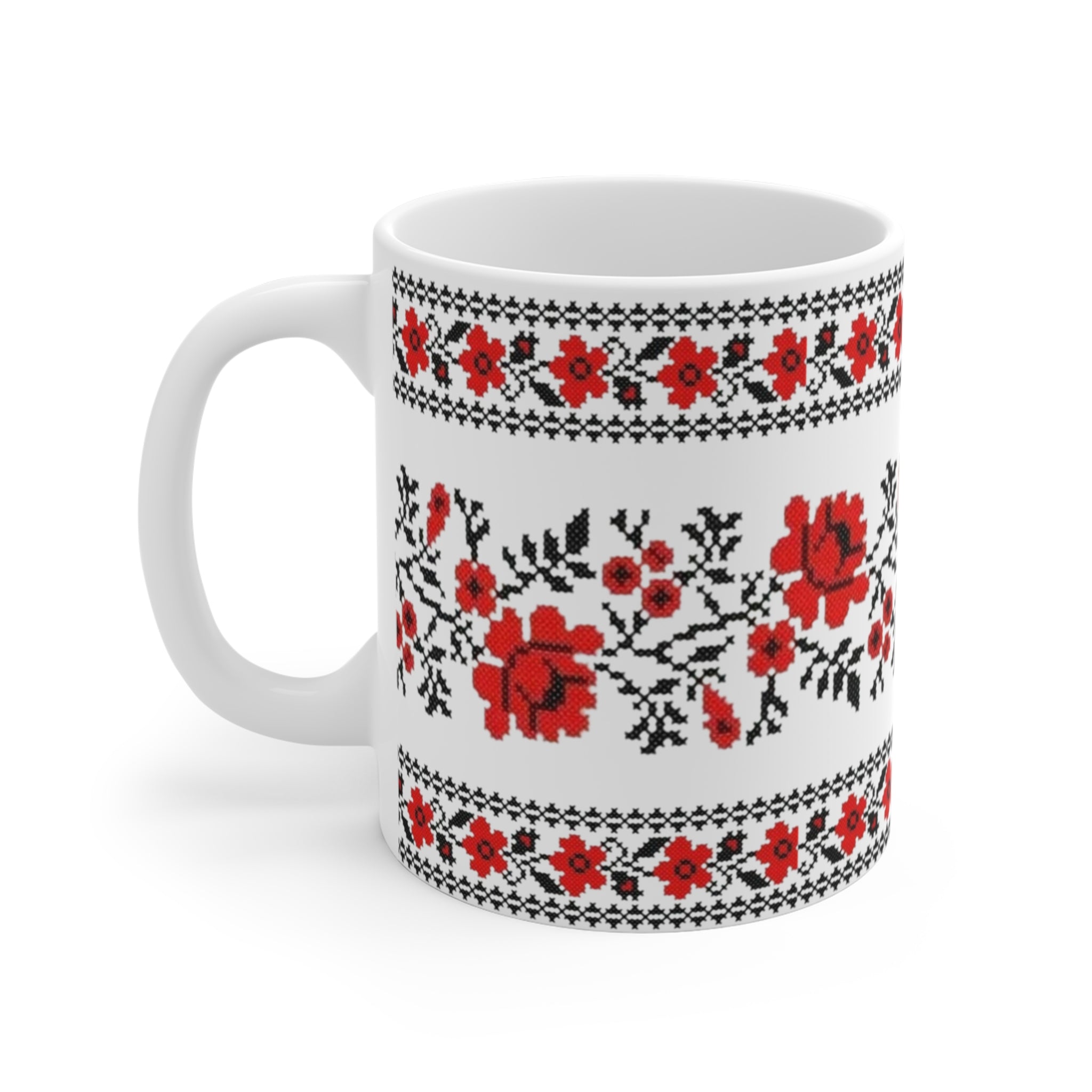 Red Pattern Ukrainian Pattern Mug 11 oz,  Folk Design Coffee Cup, Slavic Geometric Print Ceramic Mug
