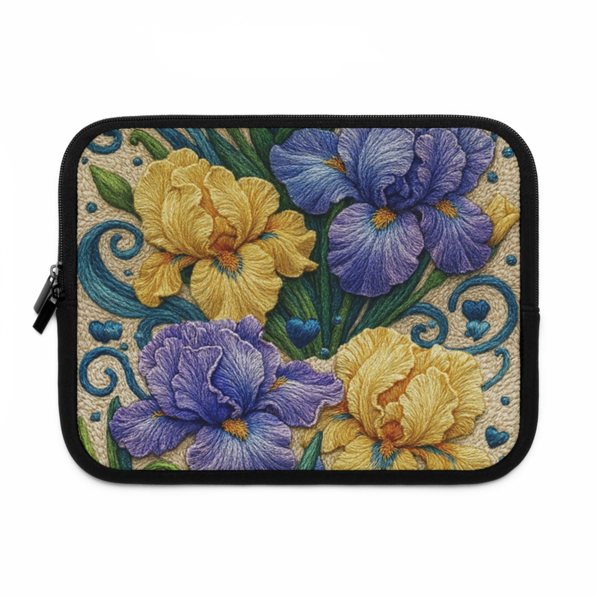 Free Bloom Iris Laptop Sleeve | Yellow Purple Floral Neoprene Case with Zipper | Vintage Botanical Tech Bag