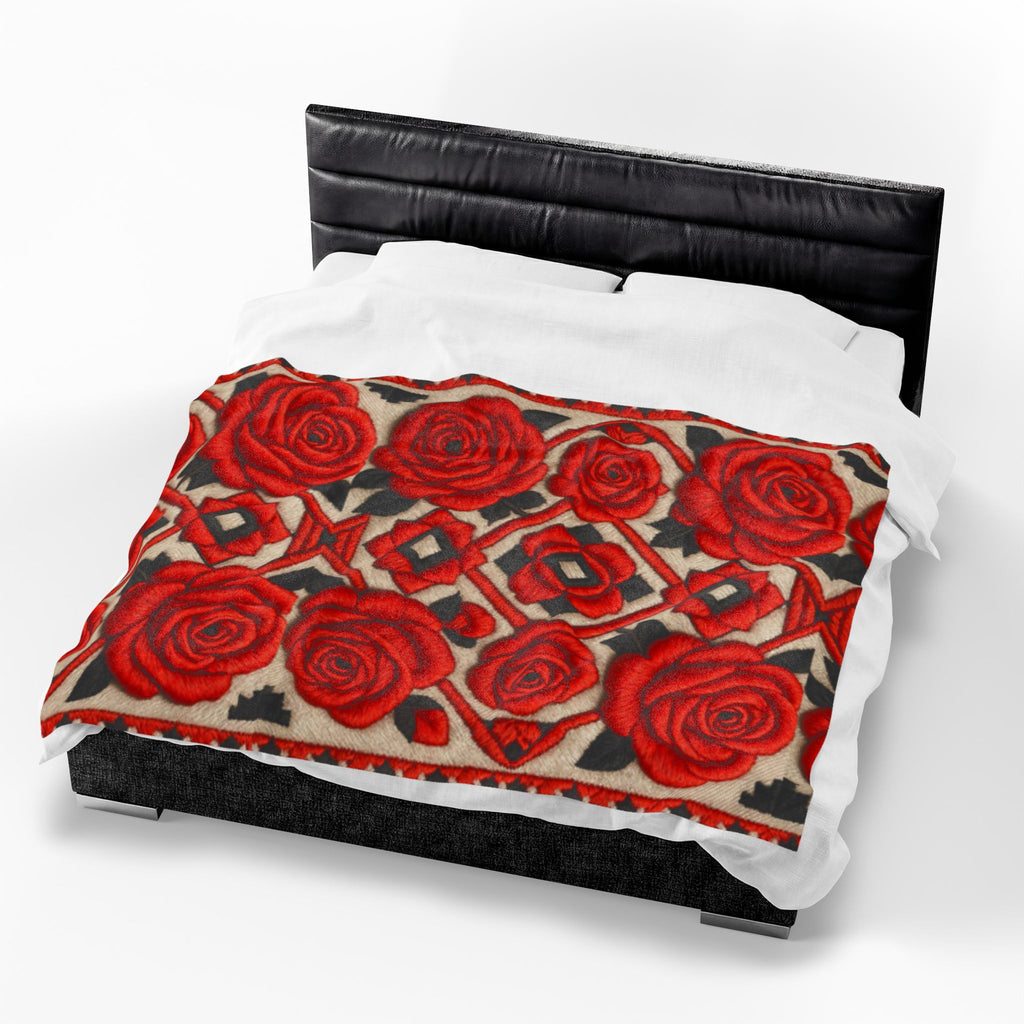 Red Roses Velveteen Plush Blanket | Vintage Floral Throw | Soft Cozy Romantic Bedding Decor