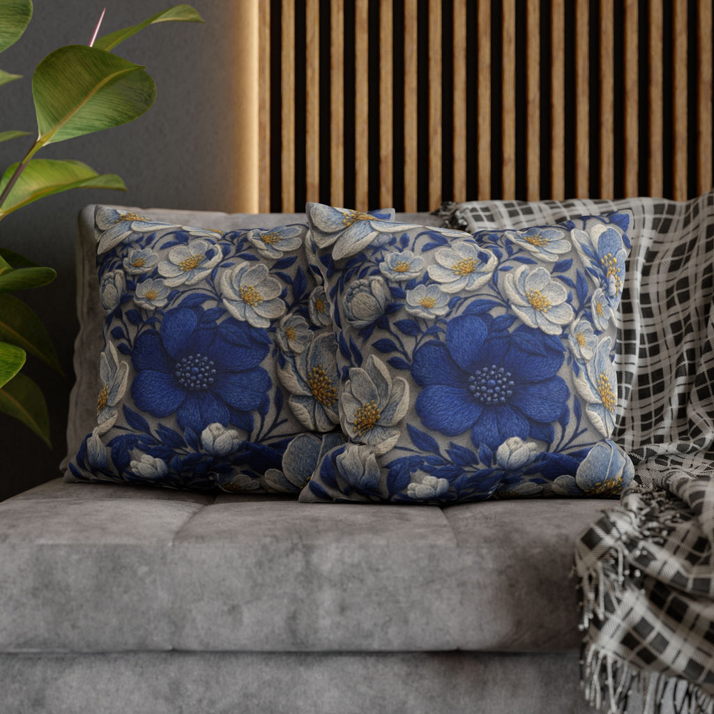 Denim Soul Indigo Floral Pillowcase – Double-Sided Watercolor Throw Pillow Cover