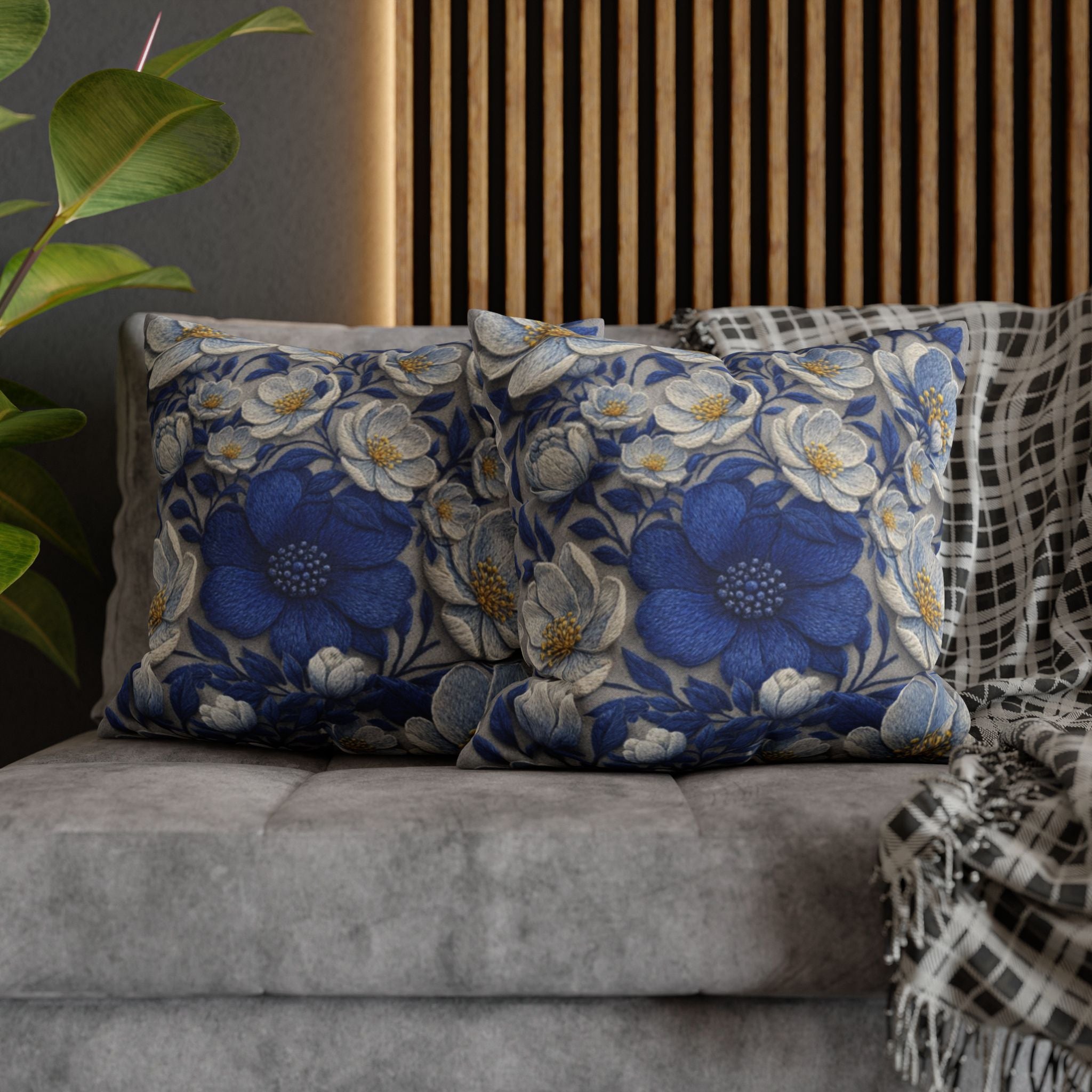 Denim Soul Indigo Floral Pillowcase – Double-Sided Watercolor Throw Pillow Cover