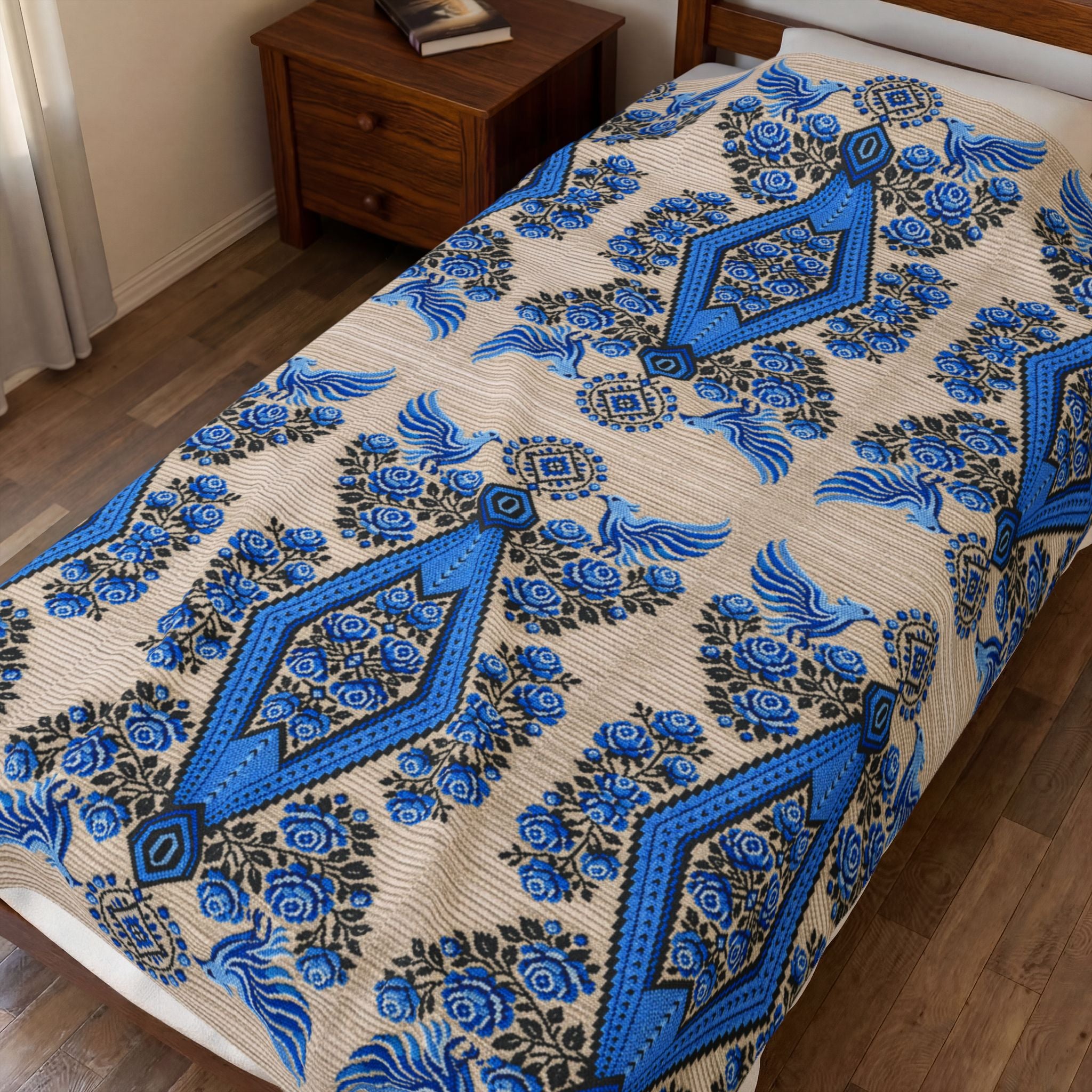 Ukrainian Berehynia blanket with blue black folk art geometric pattern on bed
