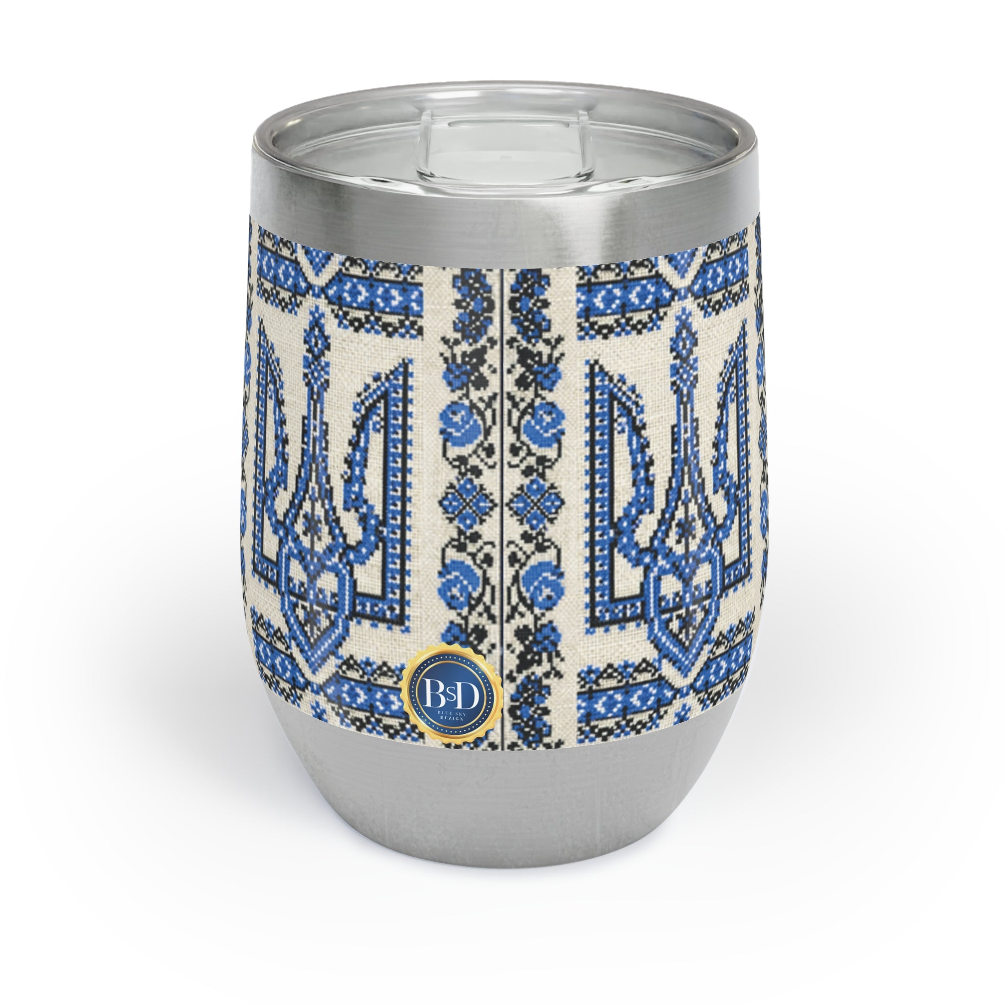 Ukrainian Trident Blue Wine Tumbler | Tryzub Folk Art | 12oz Insulated Steel Cup