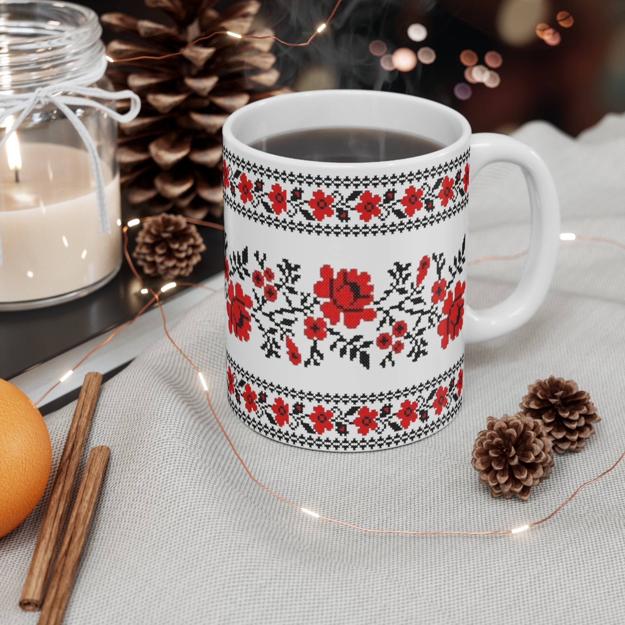 Red Pattern Ukrainian Pattern Mug 11 oz,  Folk Design Coffee Cup, Slavic Geometric Print Ceramic Mug
