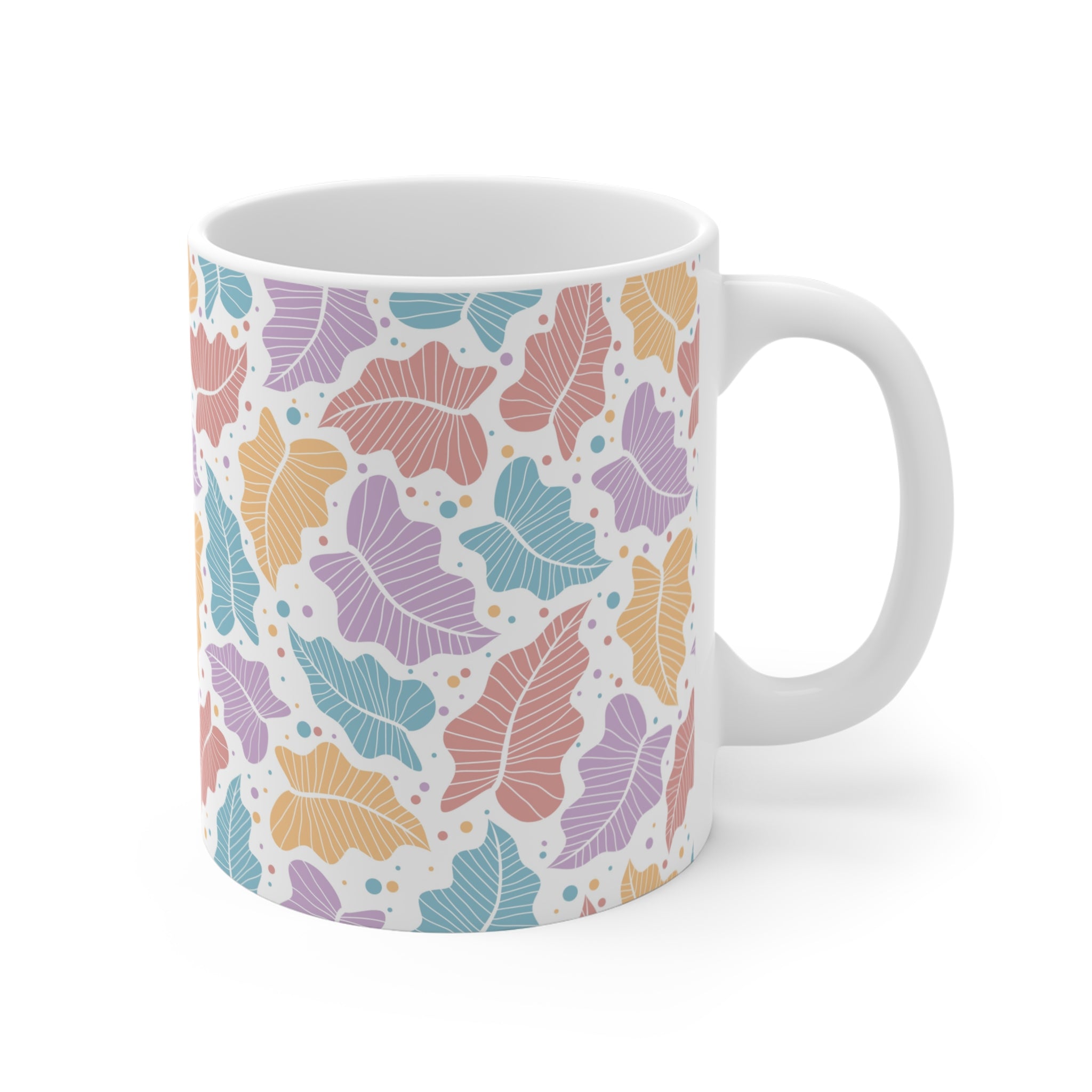 Pastel Leaf Pattern Mug, Colorful Botanical Ceramic Coffee Cup, Home Decor, Gift for parents,  bedroom, housewarming, cottage core,11oz Mug