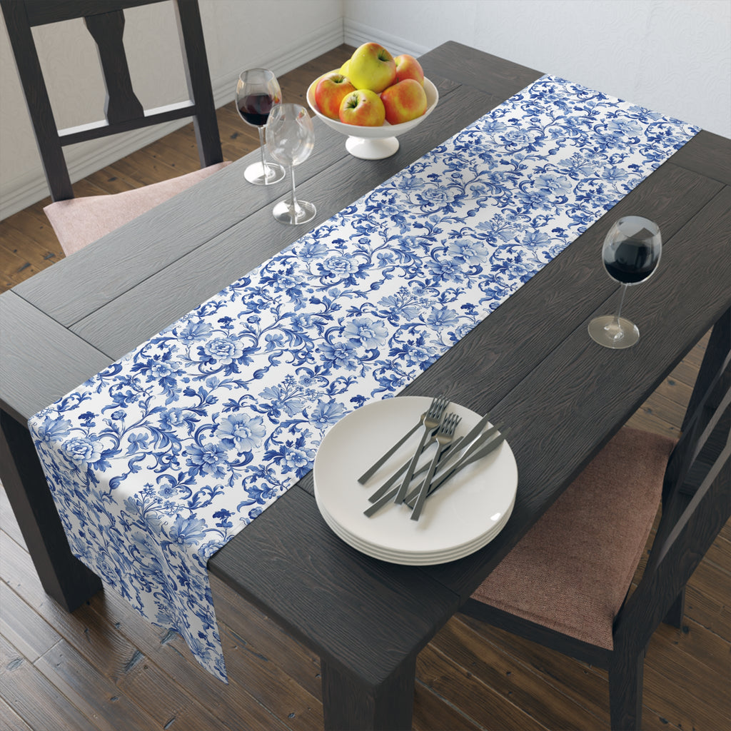 BLUESKYDEZIGN Blue Floral Tile Table Runner - Delft Porcelain Inspired Decor