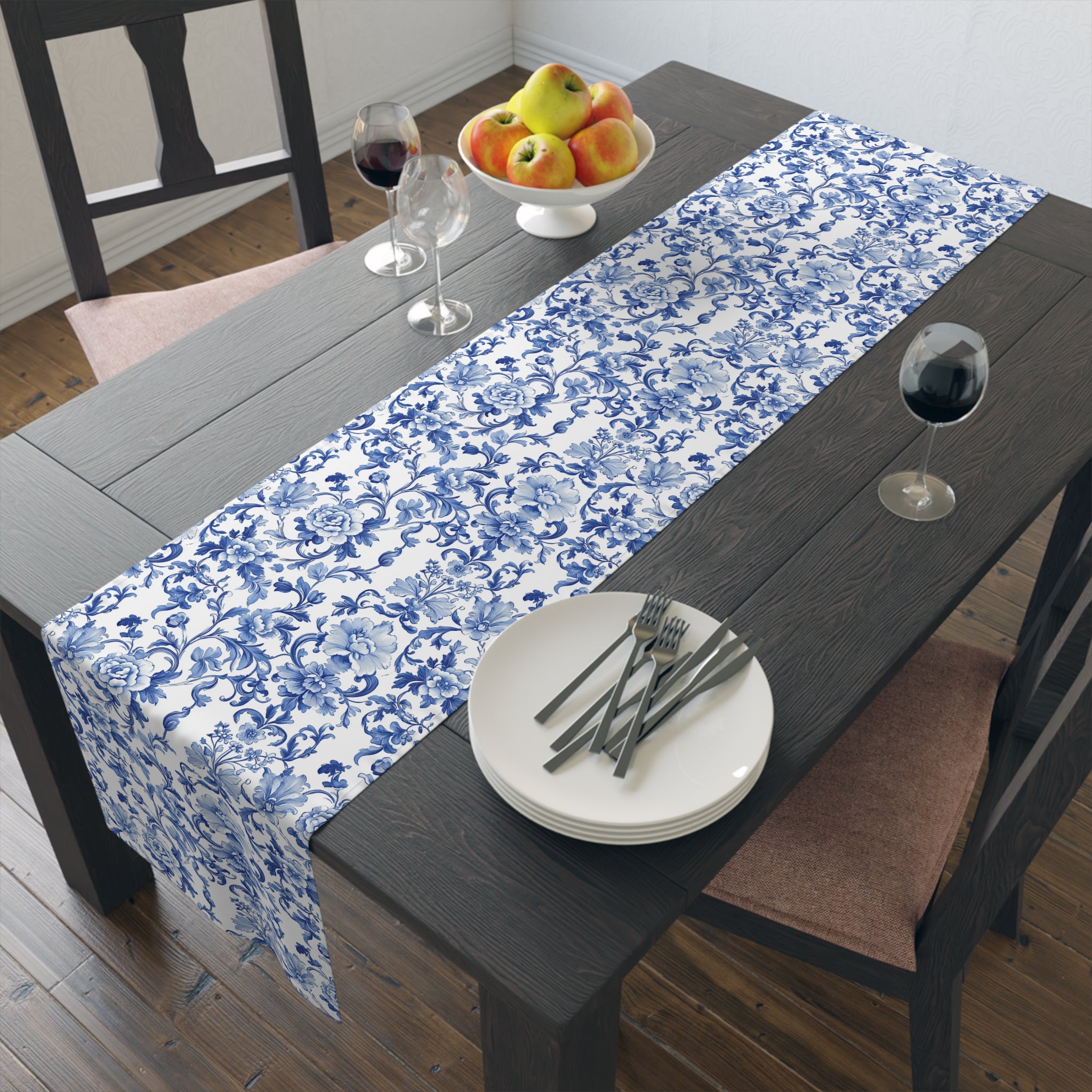 BLUESKYDEZIGN Blue Floral Tile Table Runner - Delft Porcelain Inspired Decor