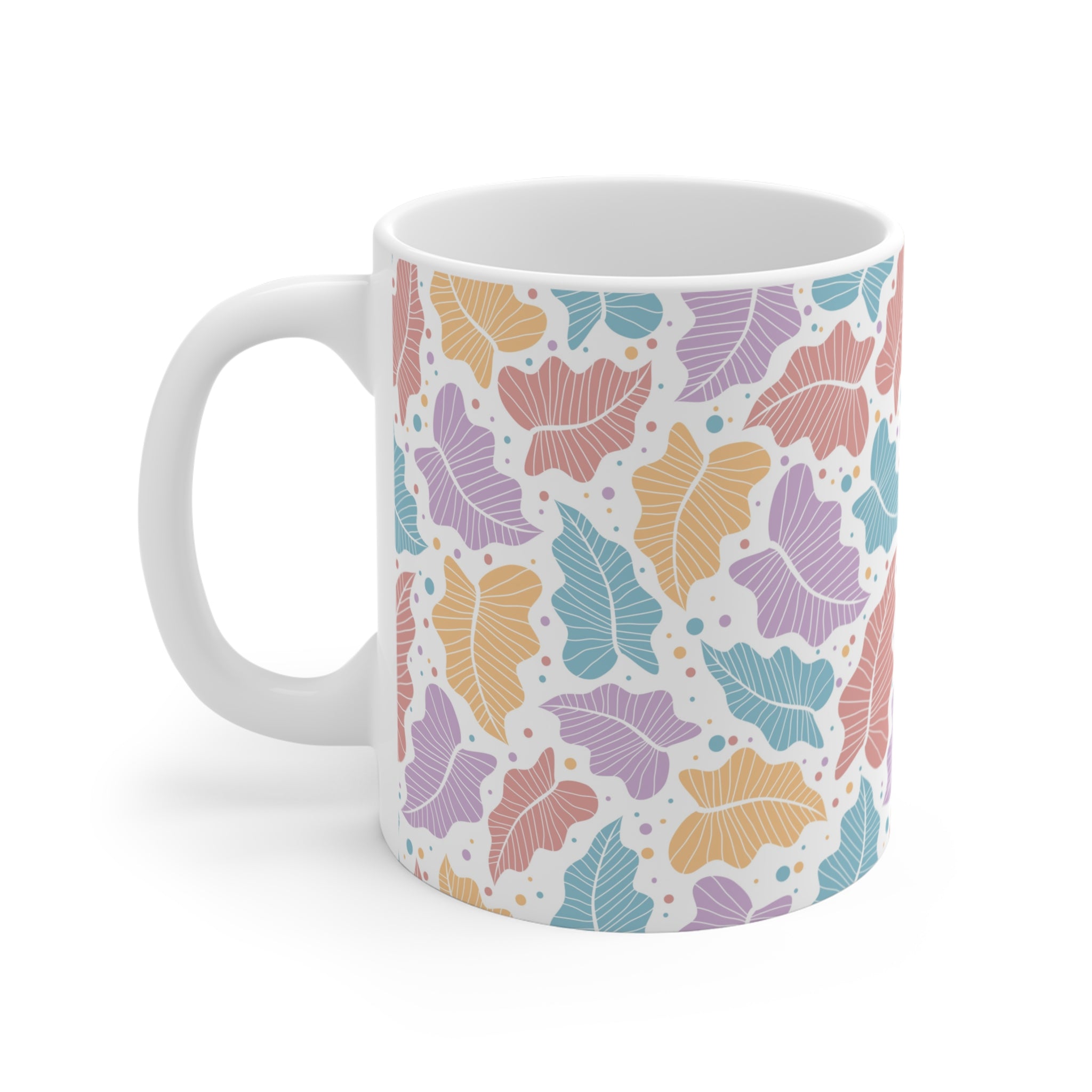 Pastel Leaf Pattern Mug, Colorful Botanical Ceramic Coffee Cup, Home Decor, Gift for parents,  bedroom, housewarming, cottage core,11oz Mug