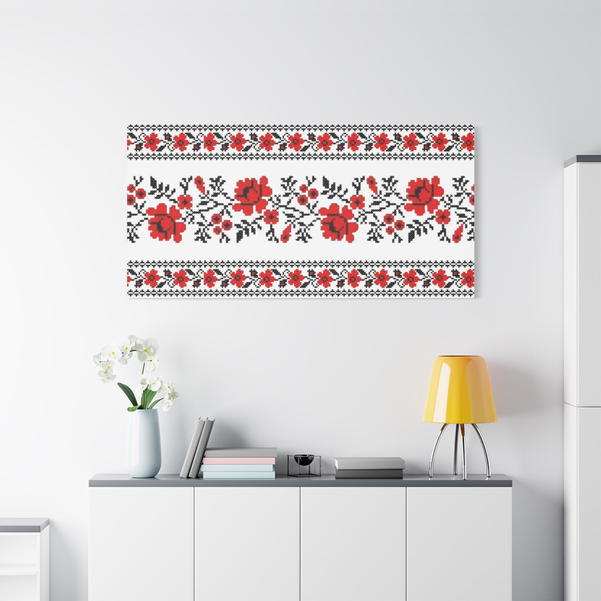 Ukrainian Embroidery Wall Art, Red Black Folk Floral Pattern, Traditional Slavic Home Decor Canvas for Living Room or Entryway, Matte Print, Stretched 1.25" Ready to Hang