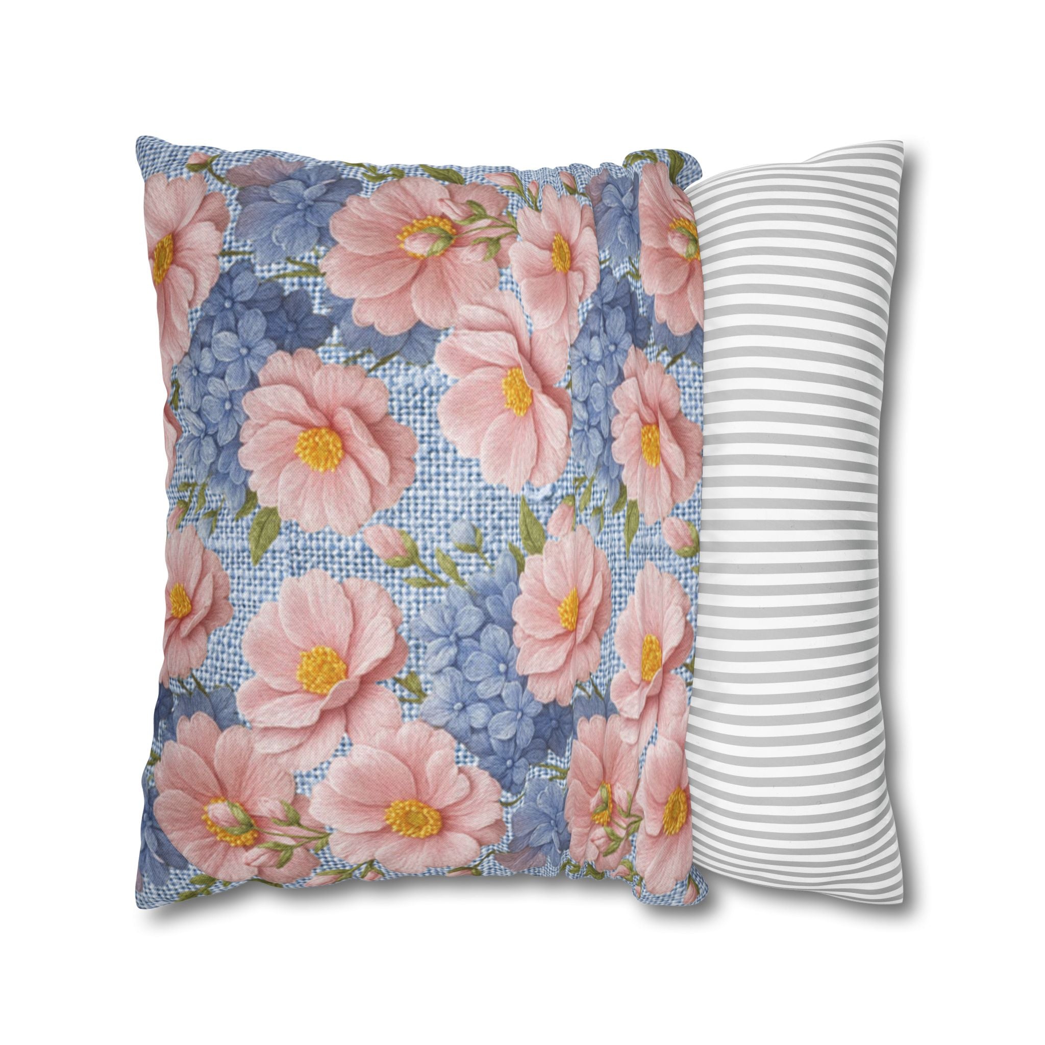 Blush Peony & Blue Hydrangea Pillow Case | Soft Provence Floral Cushion Cover