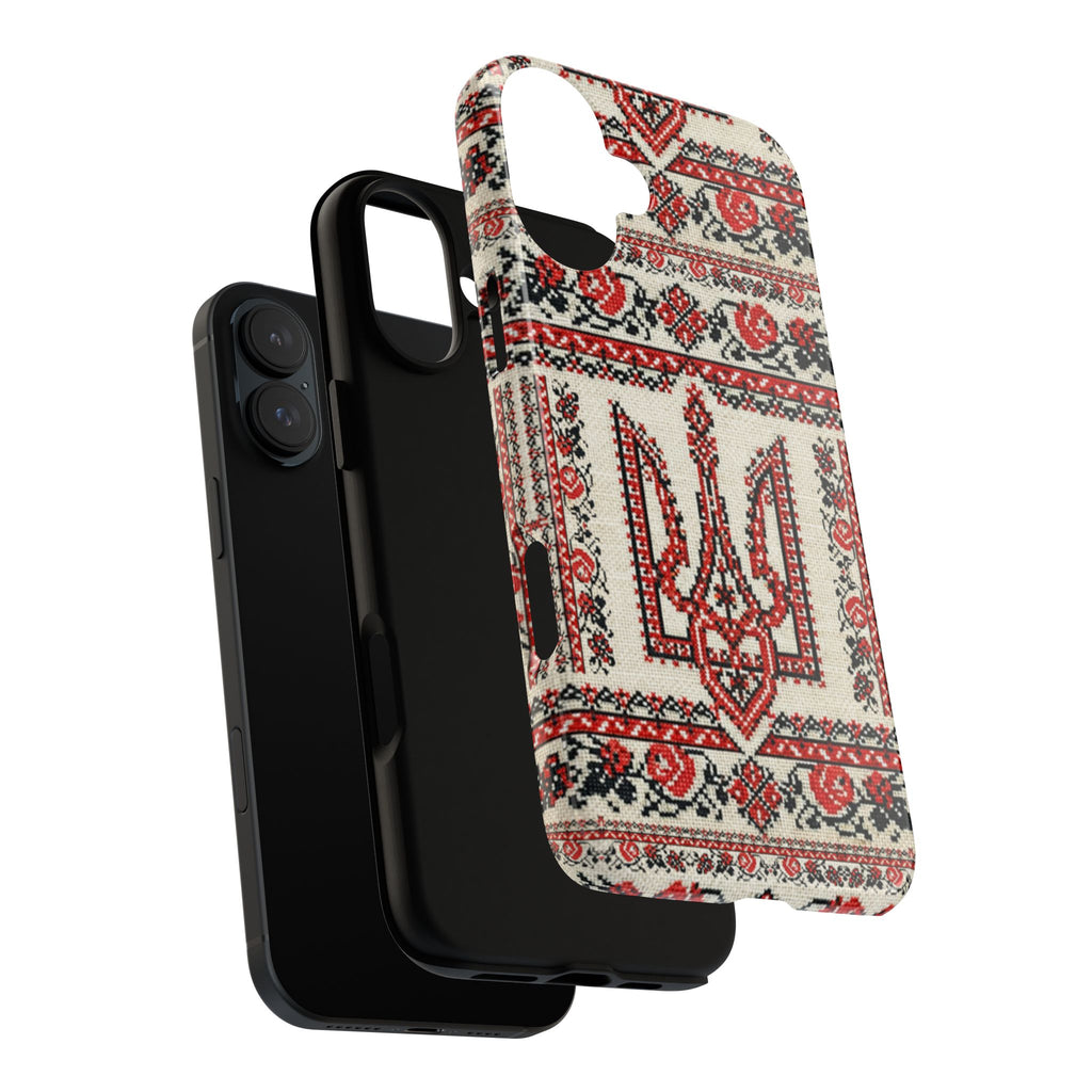 Ukrainian Trident Embroidery Phone Case • Red Black Trident Pattern • Protective Folk Art Cover for iPhone & Samsung