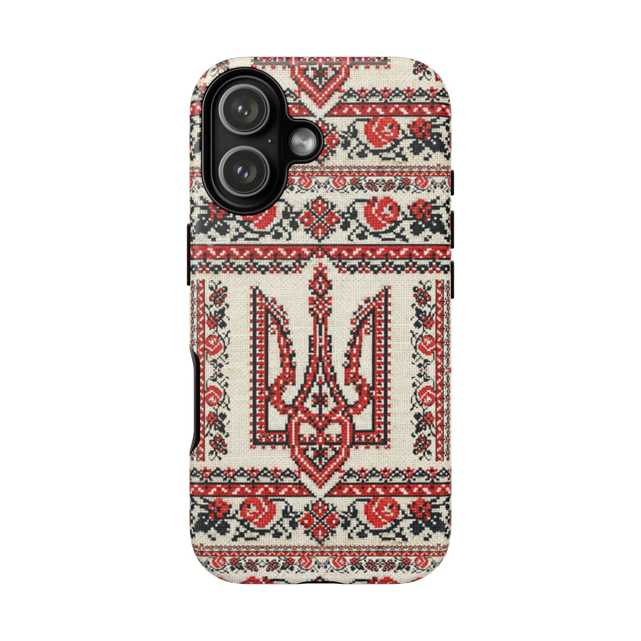 Ukrainian Trident Embroidery Phone Case • Red Black Trident Pattern • Protective Folk Art Cover for iPhone & Samsung