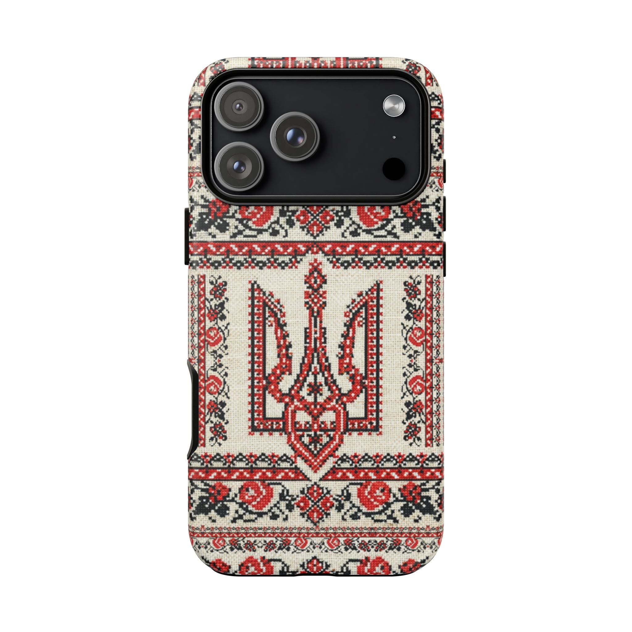 Ukrainian Trident Embroidery Phone Case • Red Black Trident Pattern • Protective Folk Art Cover for iPhone & Samsung
