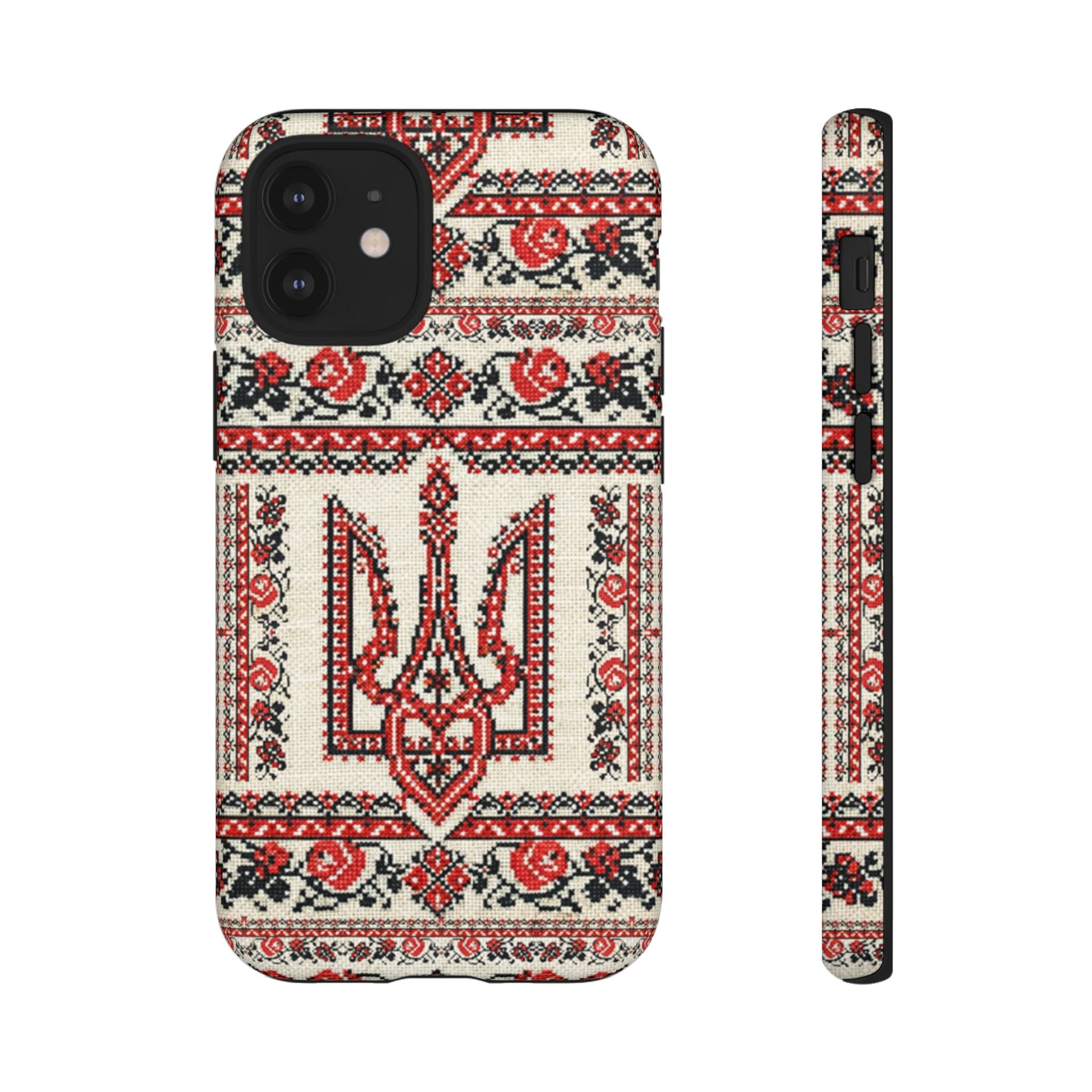 Ukrainian Trident Embroidery Phone Case • Red Black Trident Pattern • Protective Folk Art Cover for iPhone & Samsung