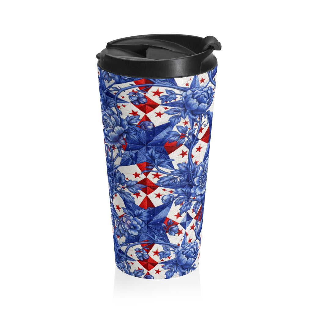 Stainless steel travel mug with a 15 oz capacity, featuring a blue toile-inspired floral pattern over red and blue patriotic stars from the America 250th Anniversary collection.