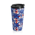 Stainless steel travel mug with a 15 oz capacity, featuring a blue toile-inspired floral pattern over red and blue patriotic stars from the America 250th Anniversary collection.