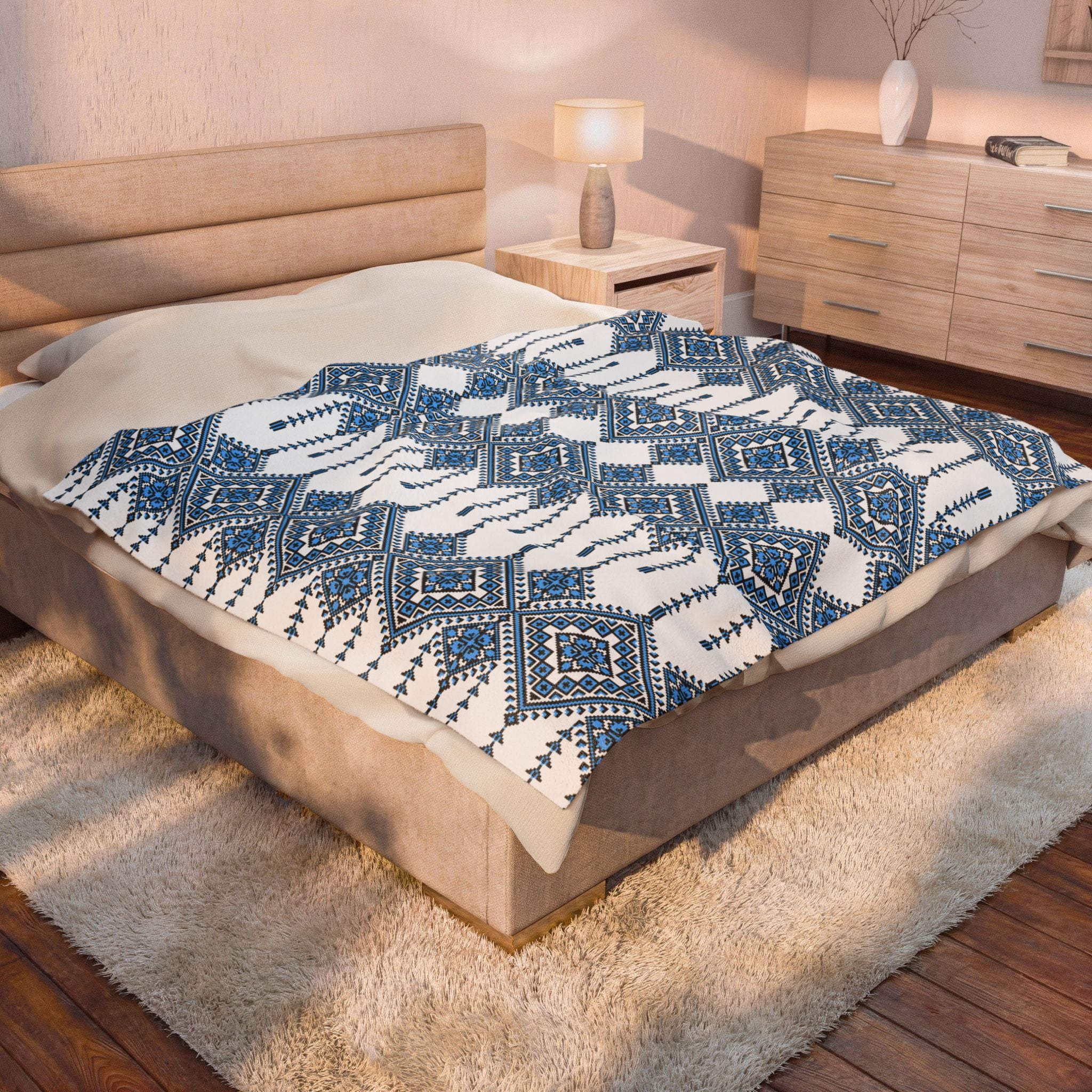 Velvet Plush Blanket with Traditional Ukrainian Pattern, Soft Cozy Throw in 3 Sizes, Blue Black Ethnic Design Home Decor