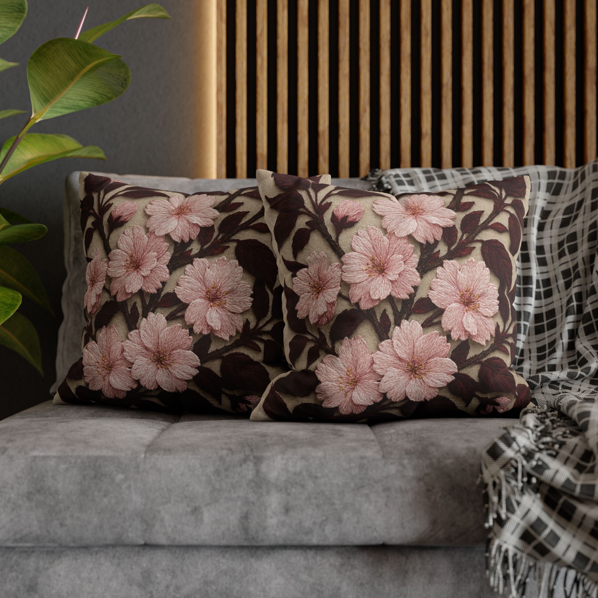 Sakura Noir Decorative Pillow Cover — Vintage Pink Floral Cushion Case | Botanical Throw Pillow