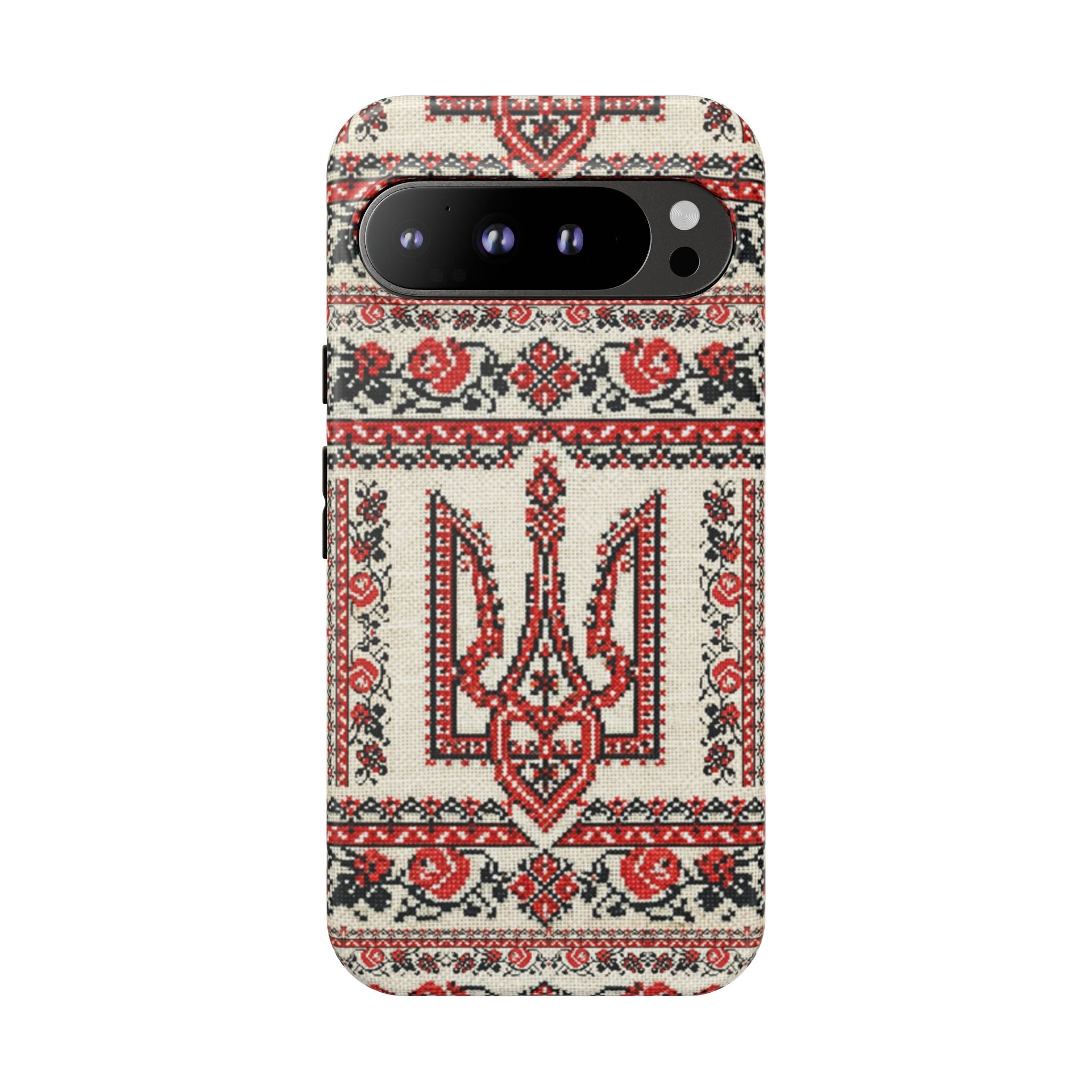 Ukrainian Trident Embroidery Phone Case • Red Black Trident Pattern • Protective Folk Art Cover for iPhone & Samsung