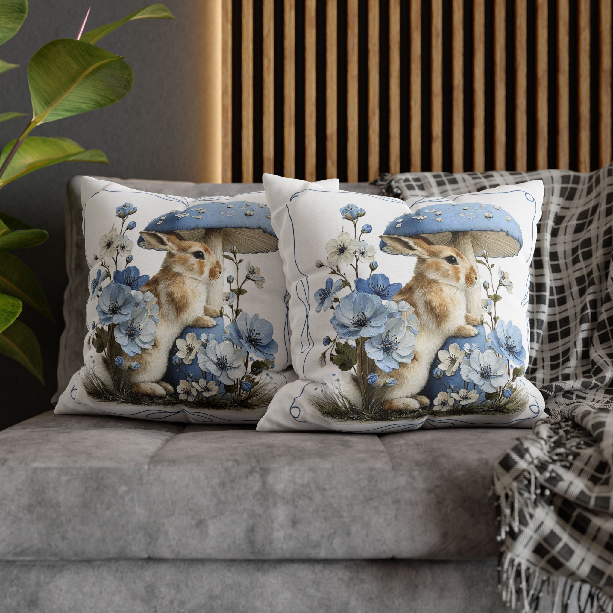 Blue Floral Bunny Collage Pillowcase | Square Decorative Pillowcase
