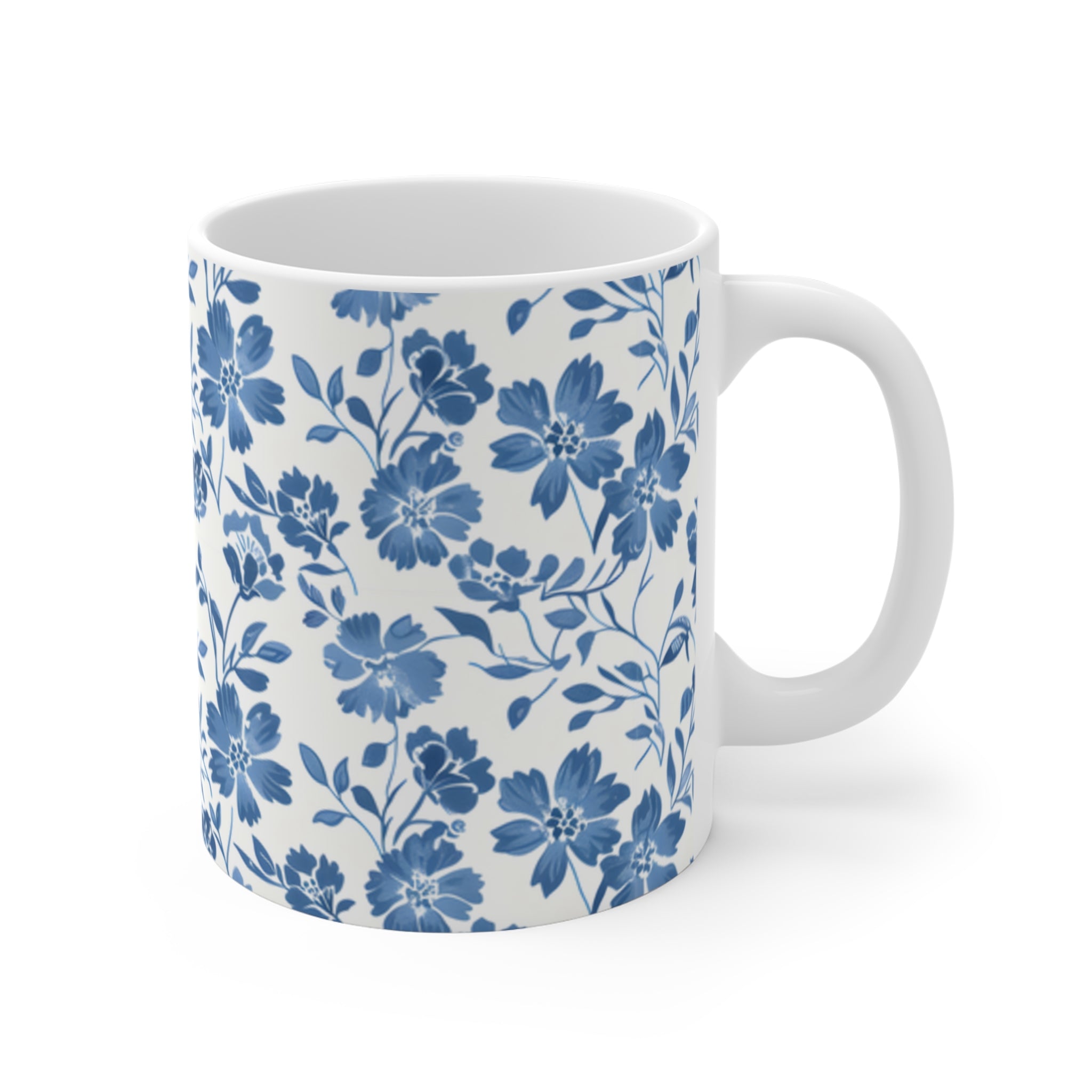 Blue Floral Ceramic Mug 11oz, Elegant Botanical Coffee Cup, Classic Flower Pattern Drinkware for Home  Office