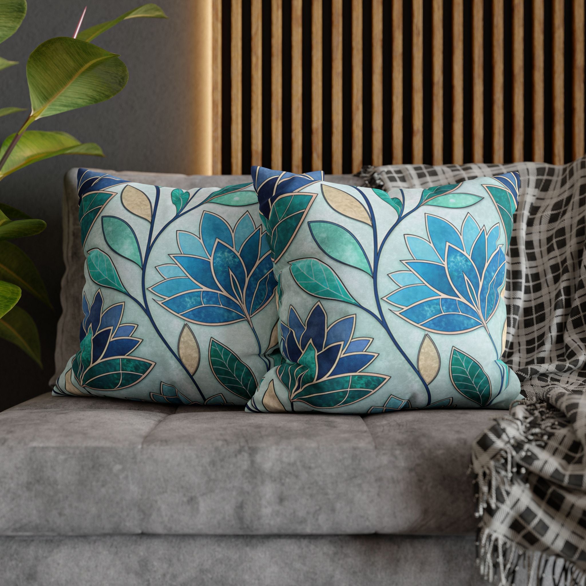 BLUESKYDEZIGN Teal Blue Mosaic Stained Glass Pillow Cover - Artistic Decor