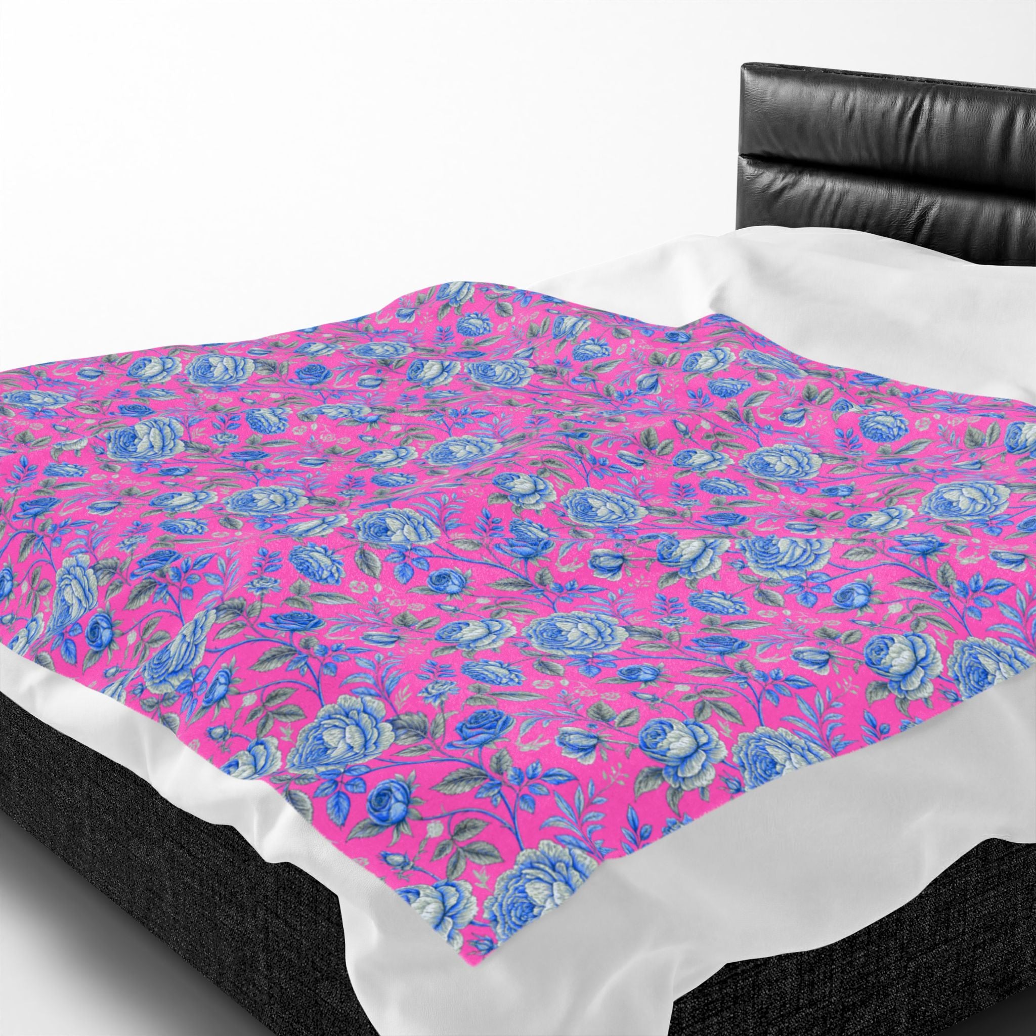 Pink & Blue Floral Velveteen Throw Blanket | Soft Plush Cozy Bedding