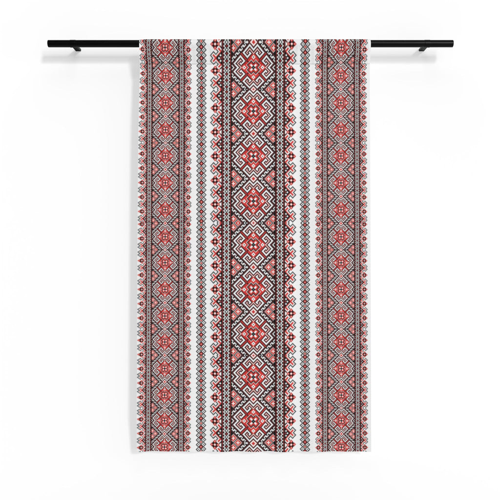 Stasia Red Sheer Curtain | Ukrainian Folk Embroidery Pattern | Bohemian Light Filtering Panel