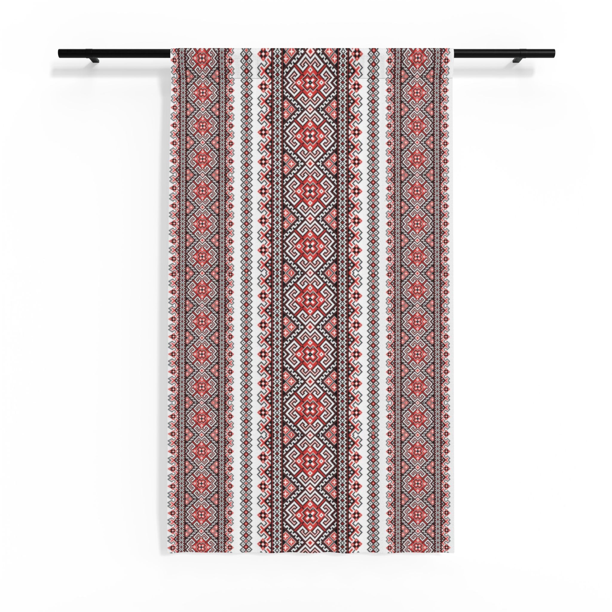 Stasia Red Sheer Curtain | Ukrainian Folk Embroidery Pattern | Bohemian Light Filtering Panel