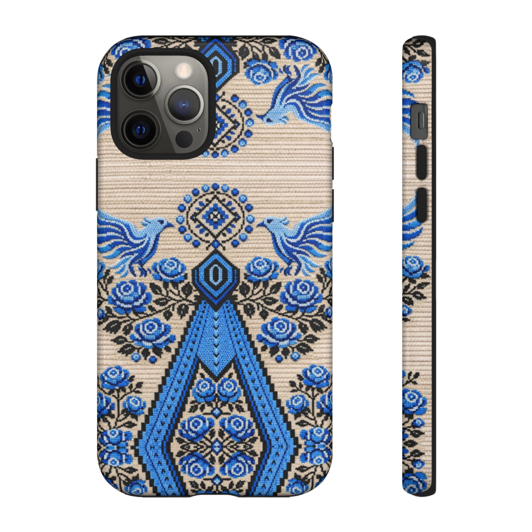 Ukrainian Phone Case  Blue Black Berehynia Design, Falcons & Roses Folk Art, Slavic Embroidery Style Protective Cover