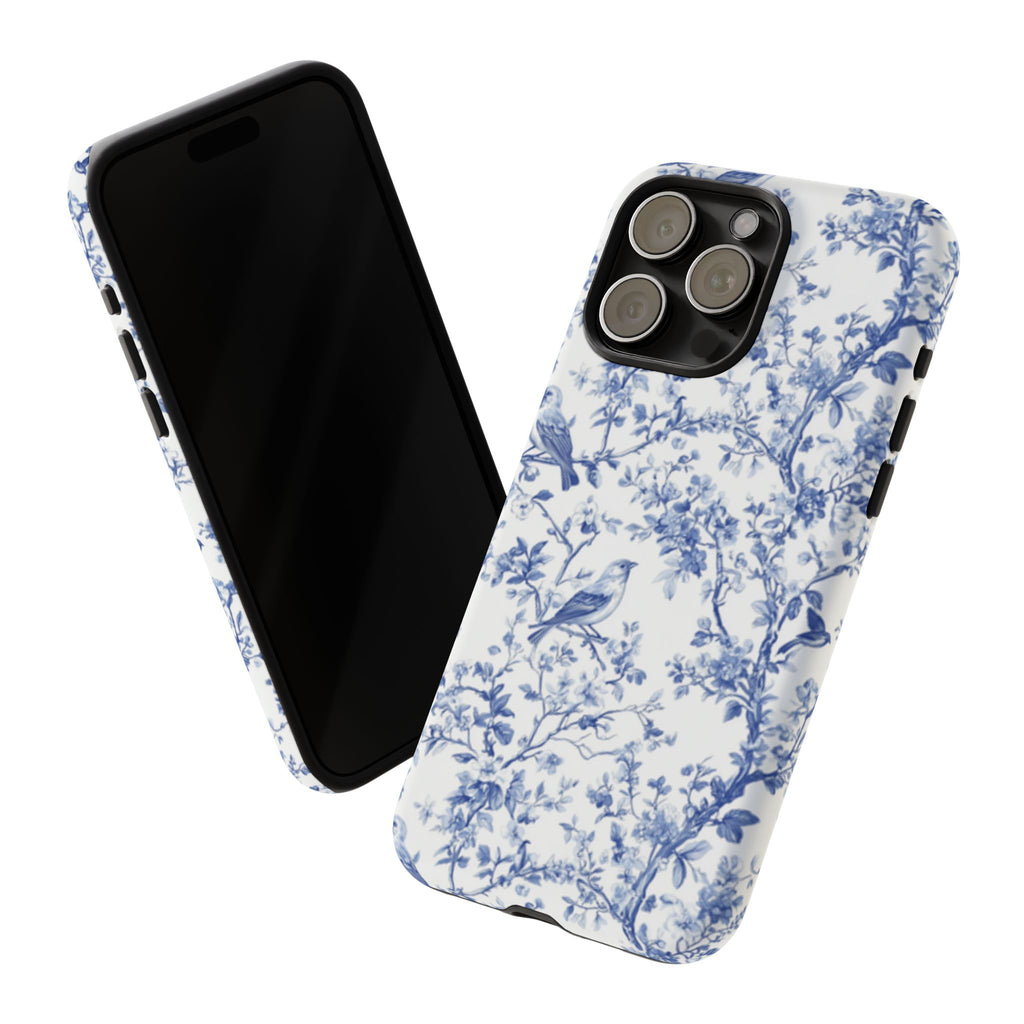 Blue Floral Vine Phone Case, Toile-inspired romantic floral Marbleized Branch Pattern