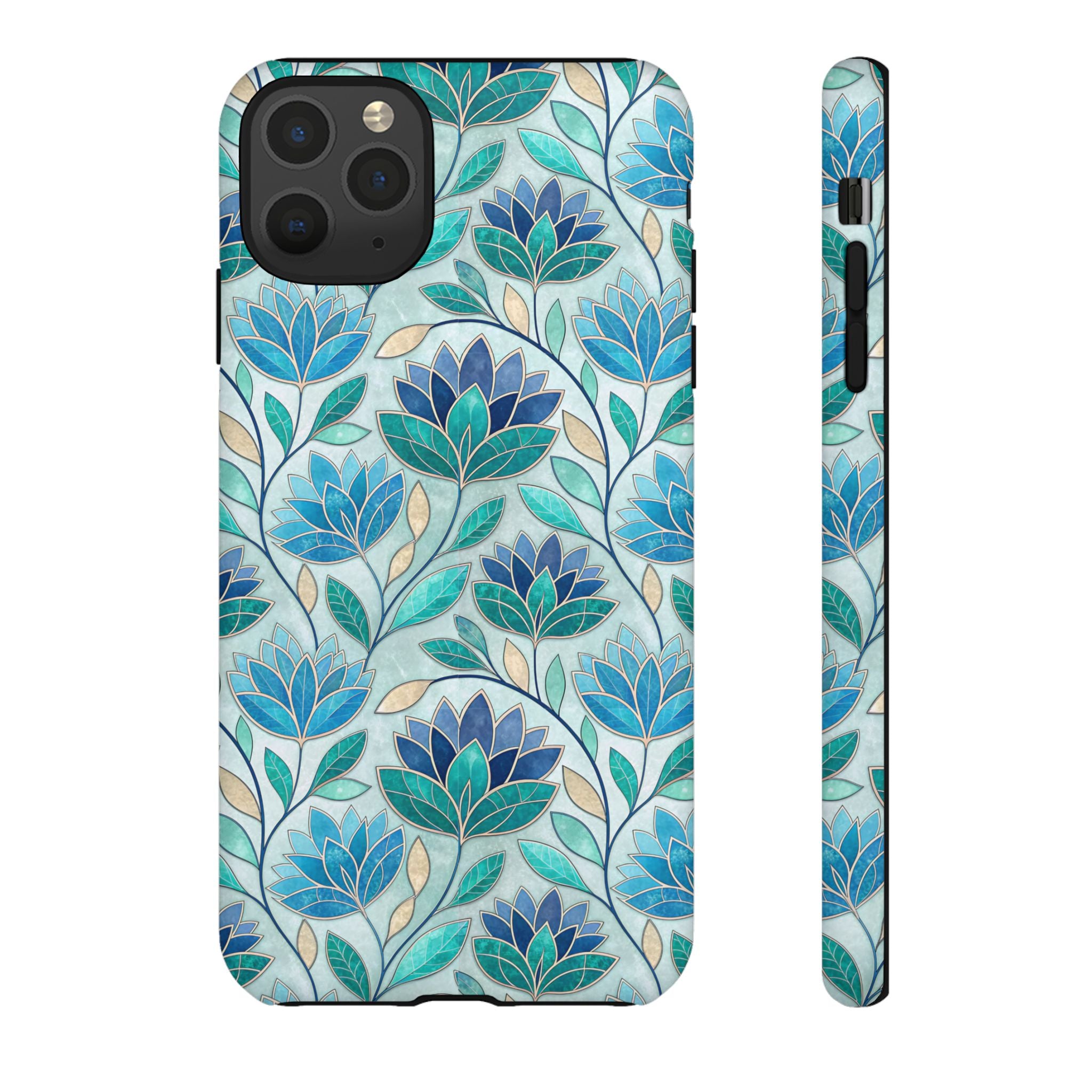 Mosaic iPhone Case, Stained Glass Floral Phone Cover, Teal Blue Protective Case, Matte Glossy Options, Artistic Mosaic Pattern