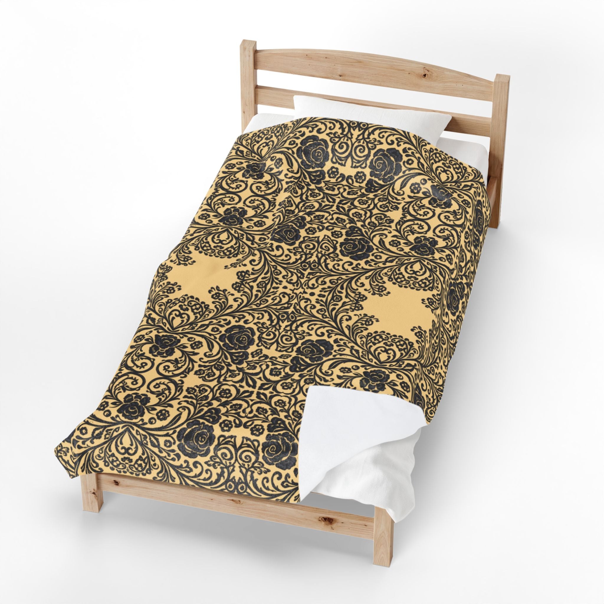 Velveteen Plush Blanket | Vintage Baroque Damask Gold Throw | BLUESKYDEZIGN